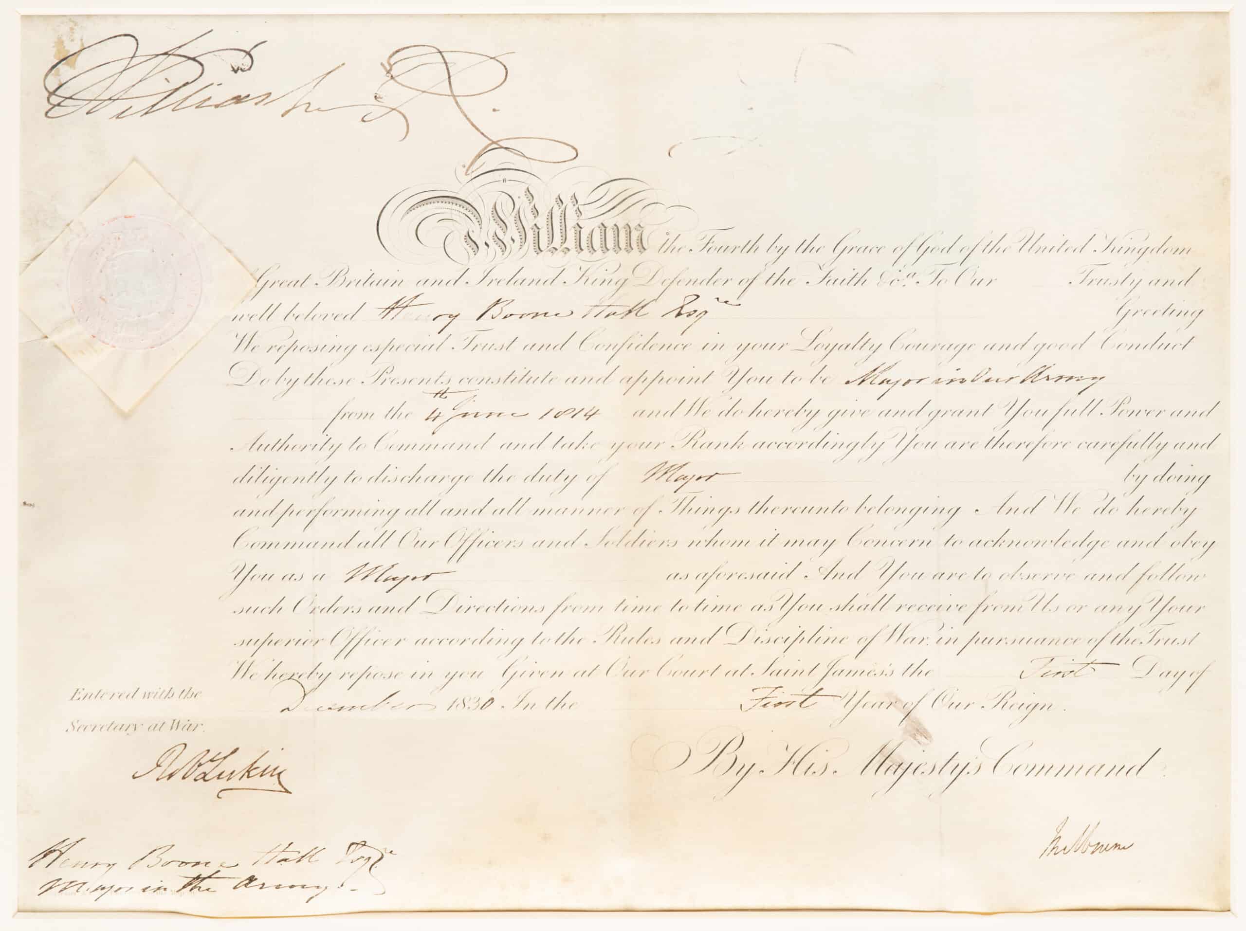 Nominacja na majora wystawiona dla Henry’ego Boone’a Halla 1 grudnia 1830 r.
