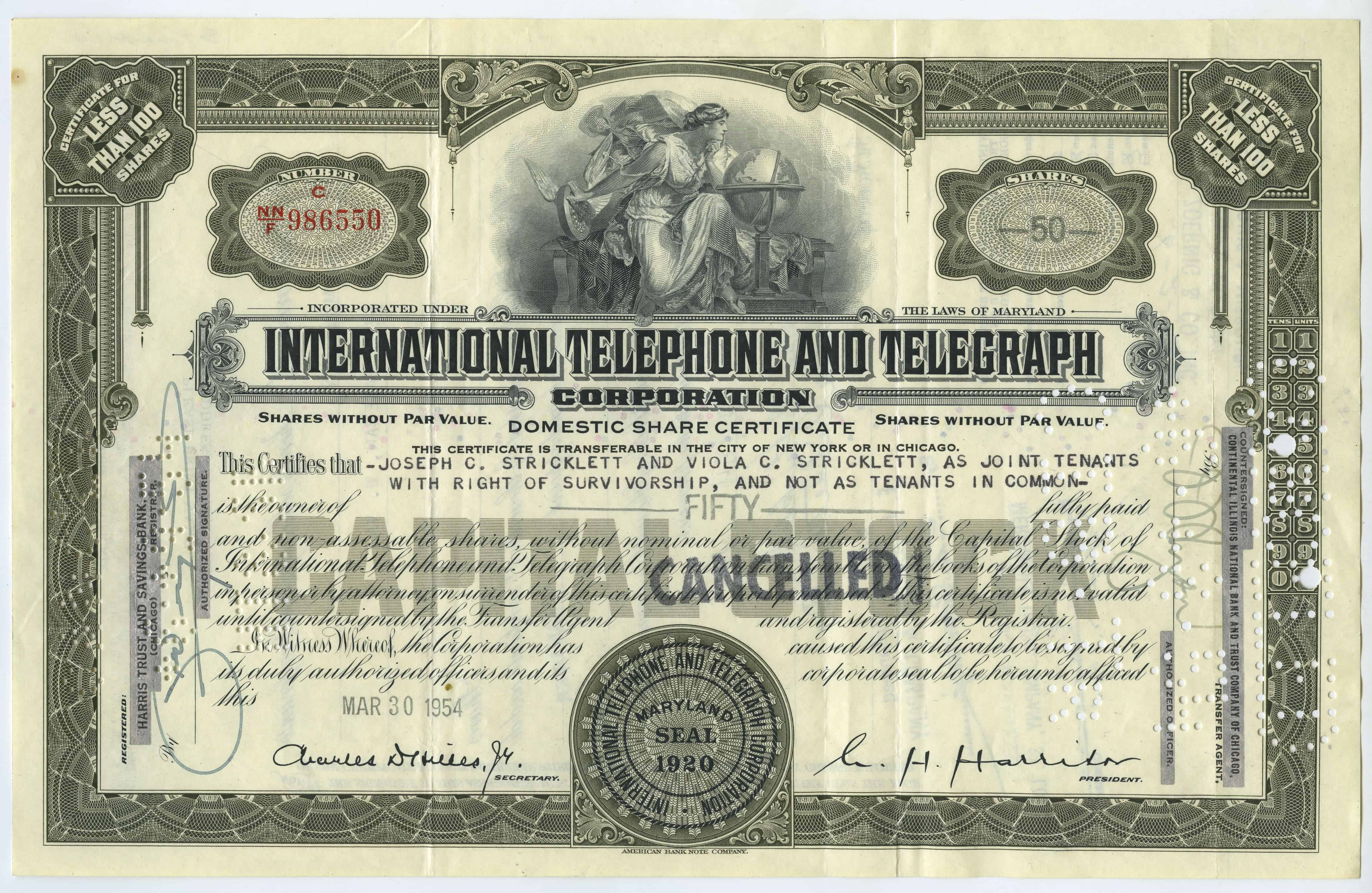 50 akcji spółki International Telephone and Telegraph Corporation z 30 marca 1954 roku
