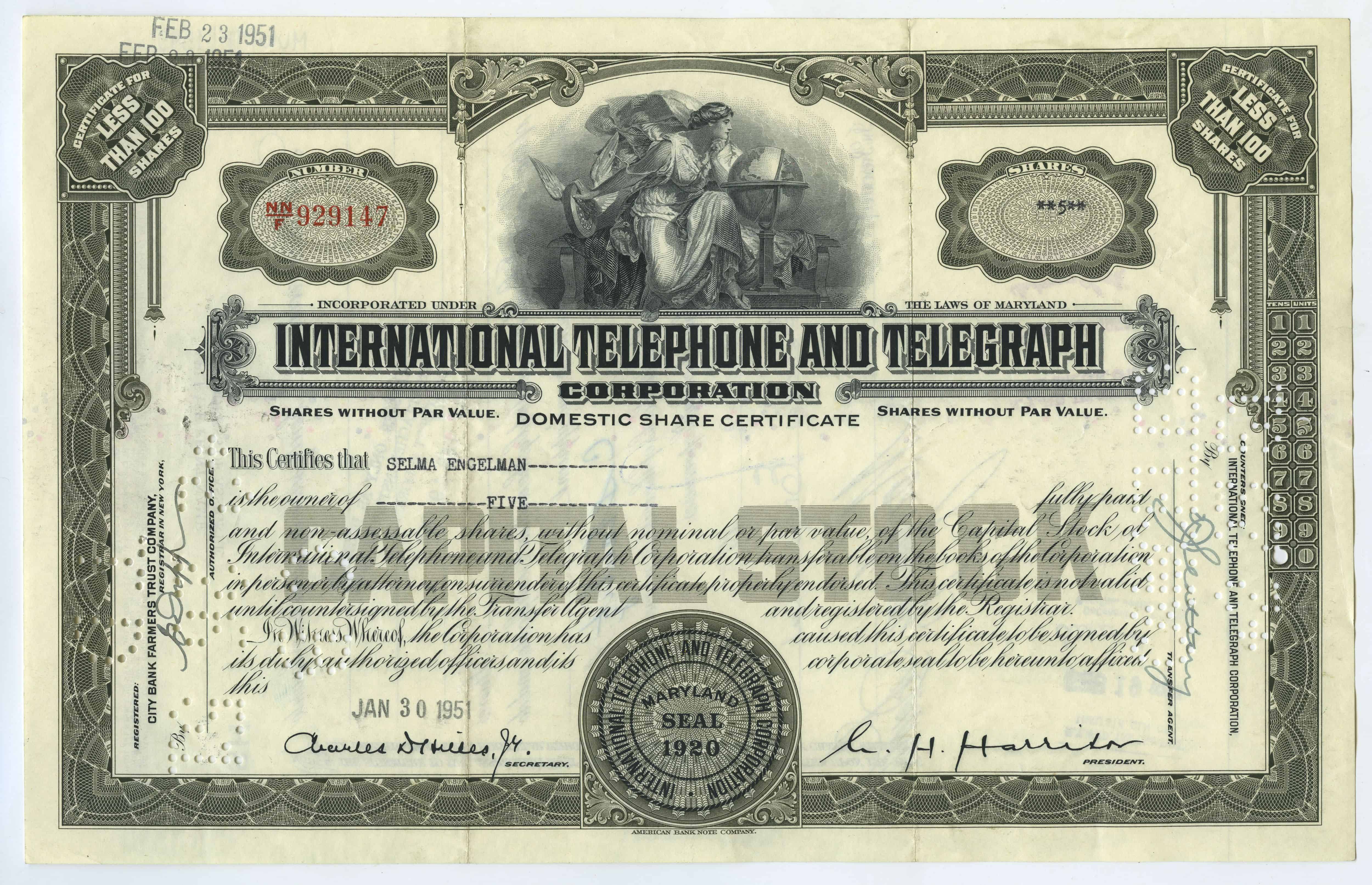 5 akcji spółki International Telephone and Telegraph Corporation z 30 stycznia 1951 roku