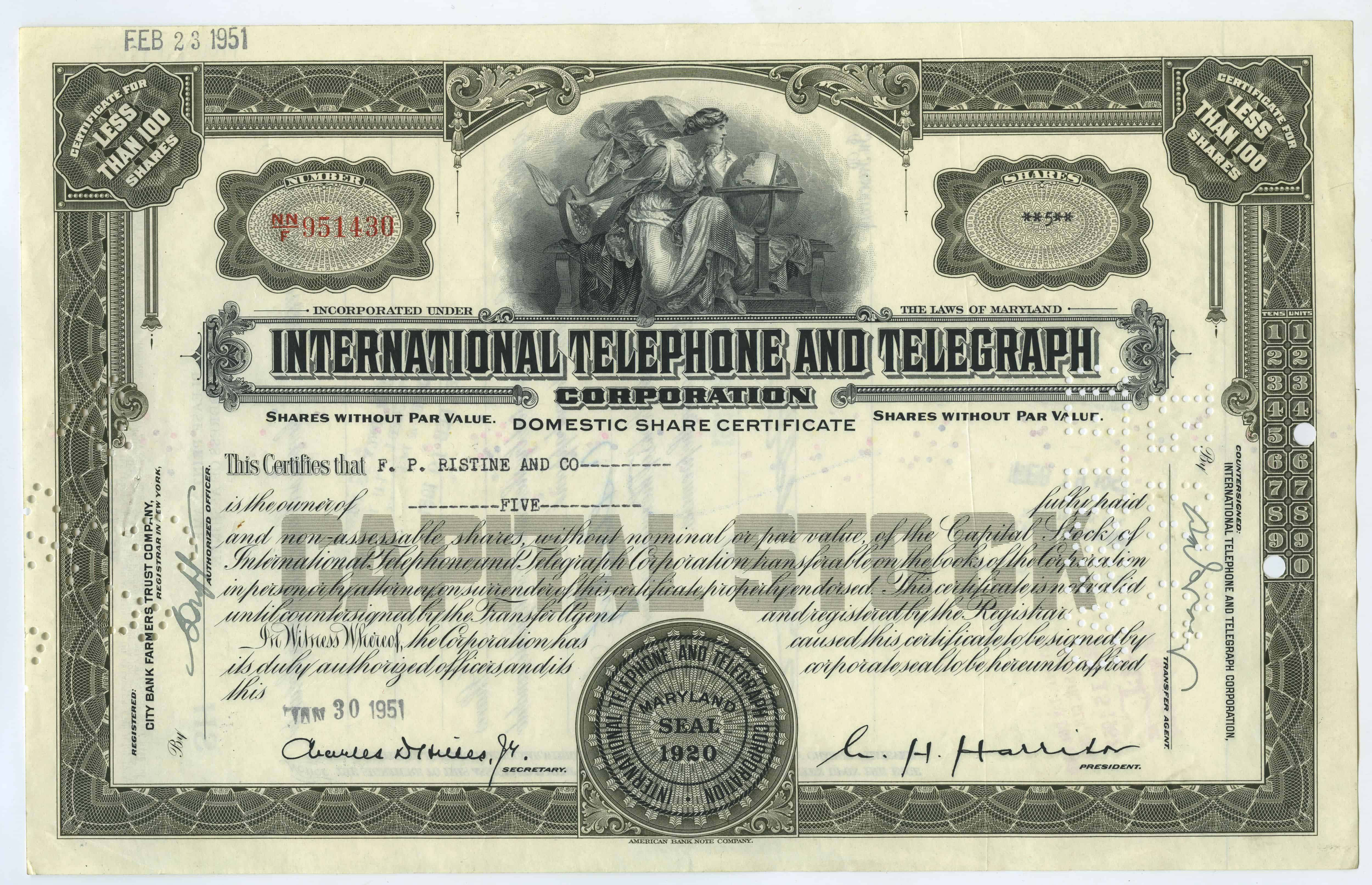 5 akcji spółki International Telephone and Telegraph Corporation z 30 stycznia 1951 roku