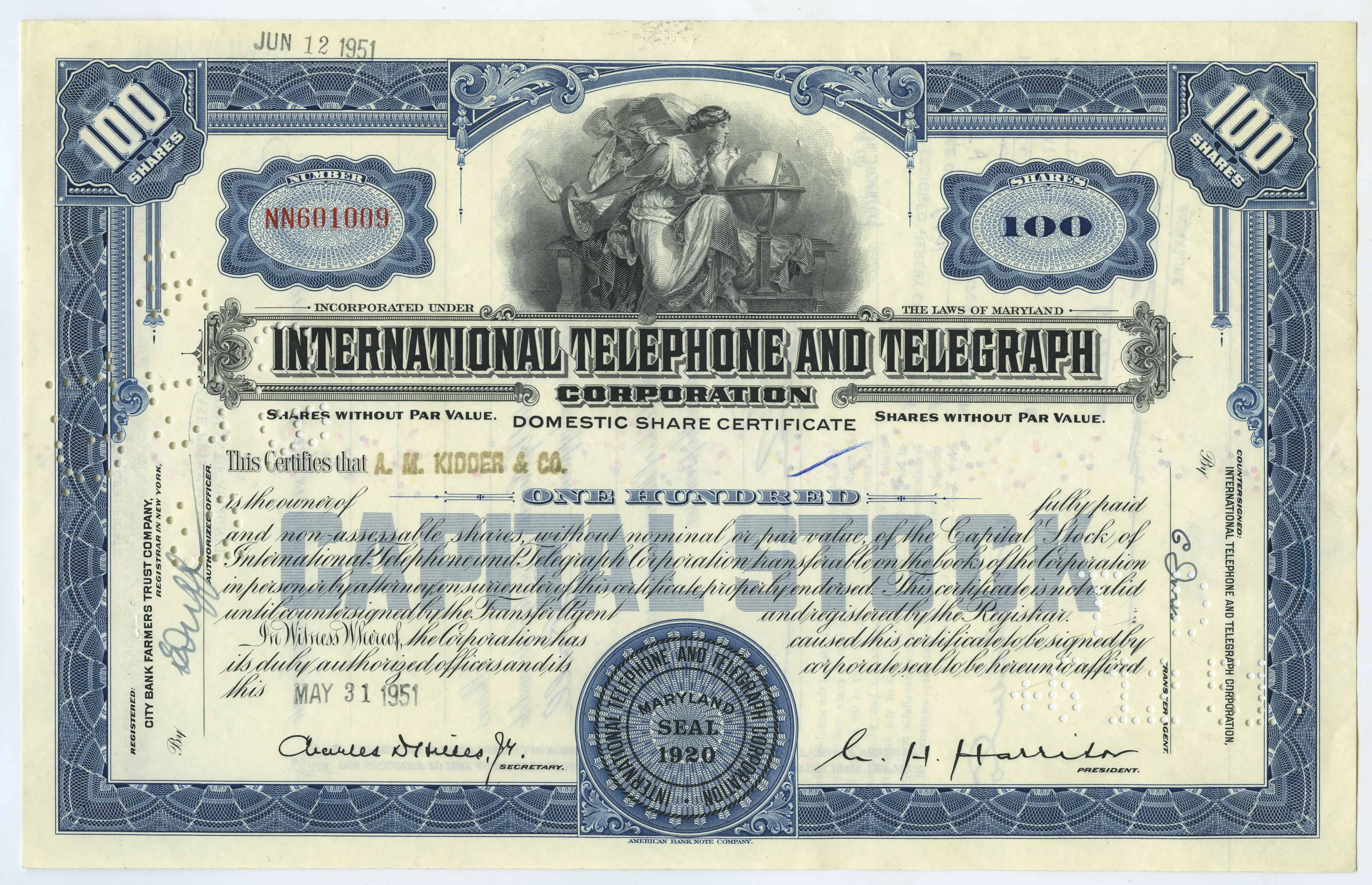100 akcji spółki International Telephone and Telegraph Corporation z 31 maja 1951 roku