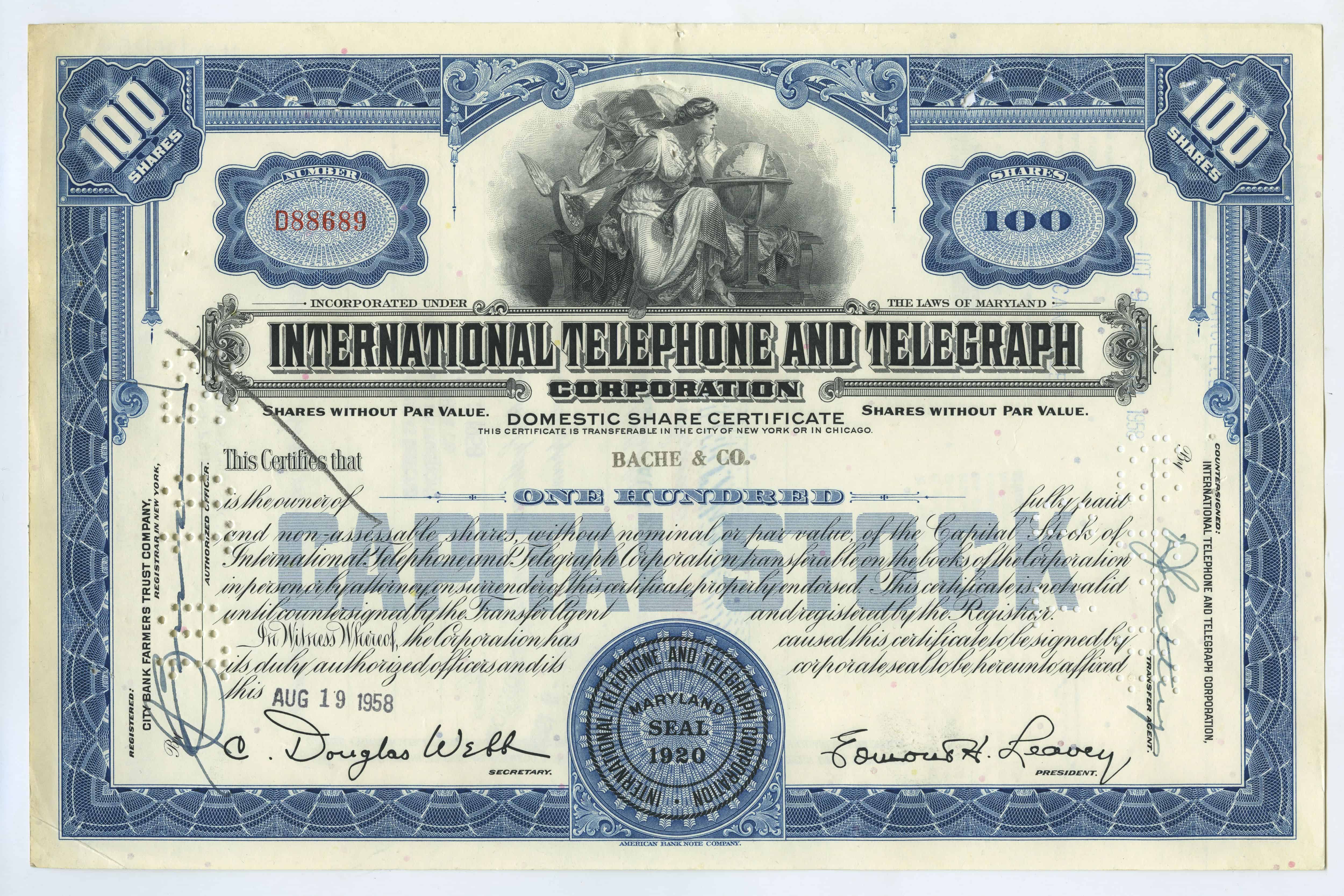100 akcji spółki International Telephone and Telegraph Corporation z 19 sierpnia 1958 roku