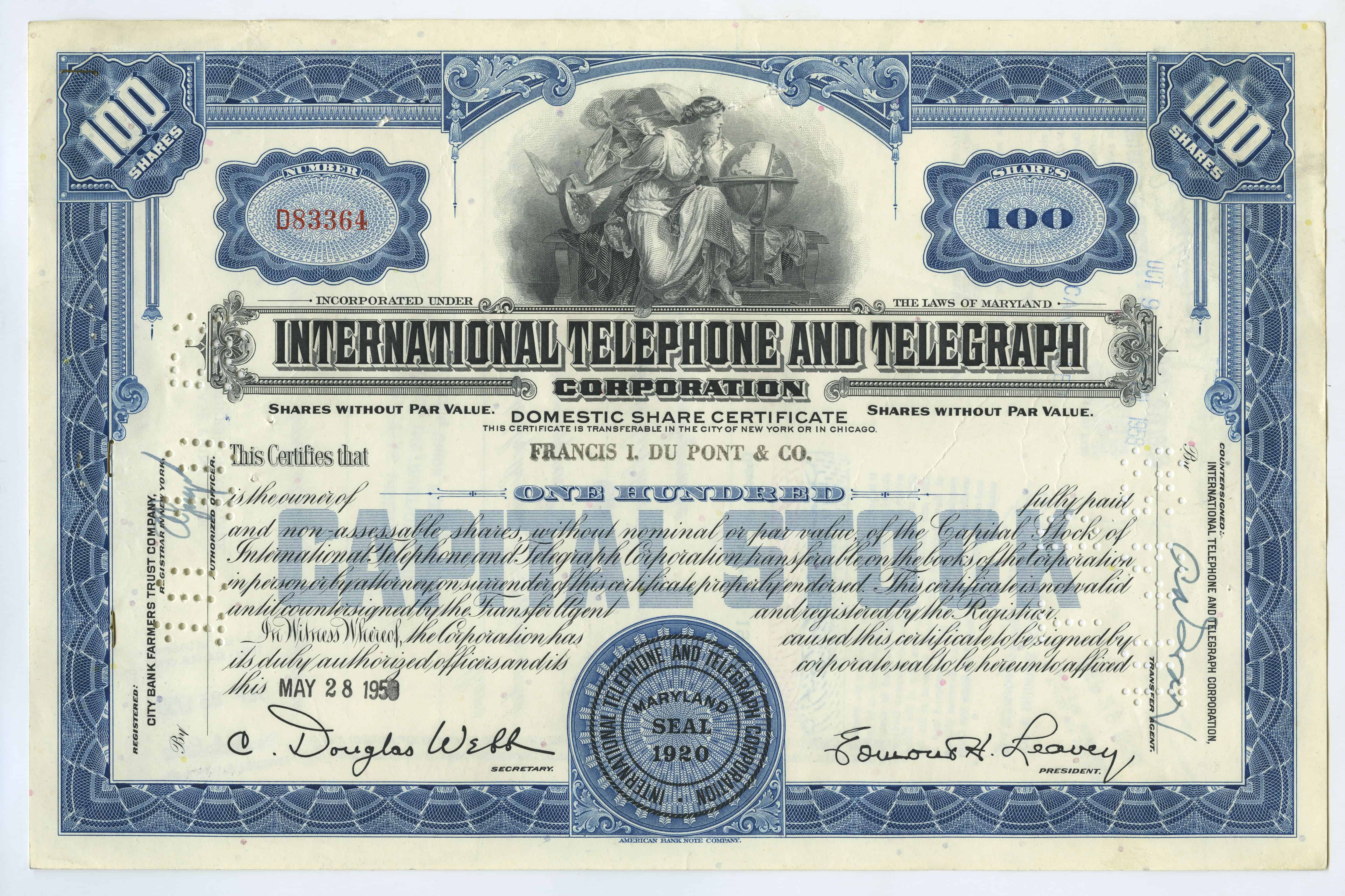 100 akcji spółki International Telephone and Telegraph Corporation z 28 maja 1958 roku