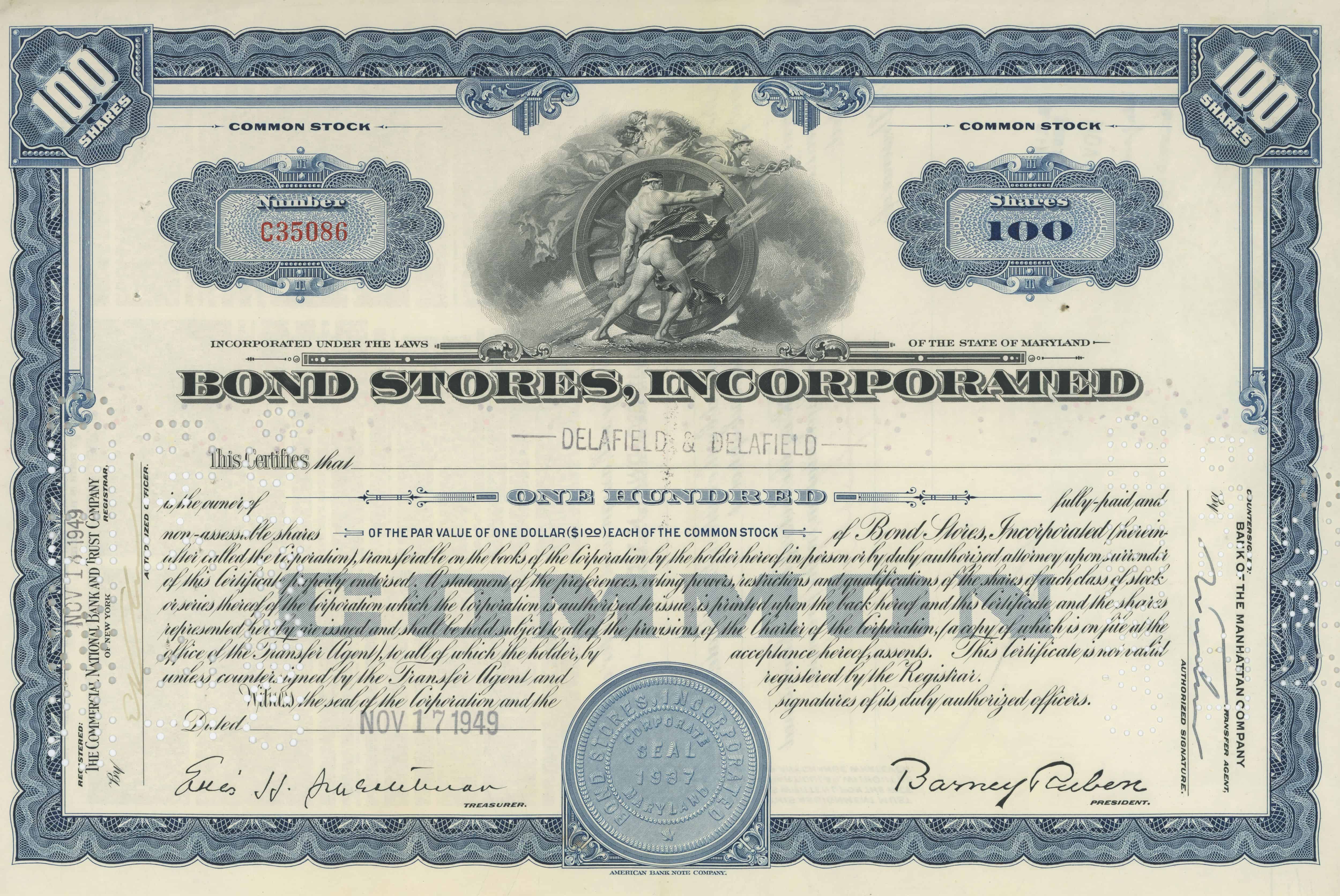 100 akcji Bond Stores, Incorporated z dnia 17 listopada 1949 roku