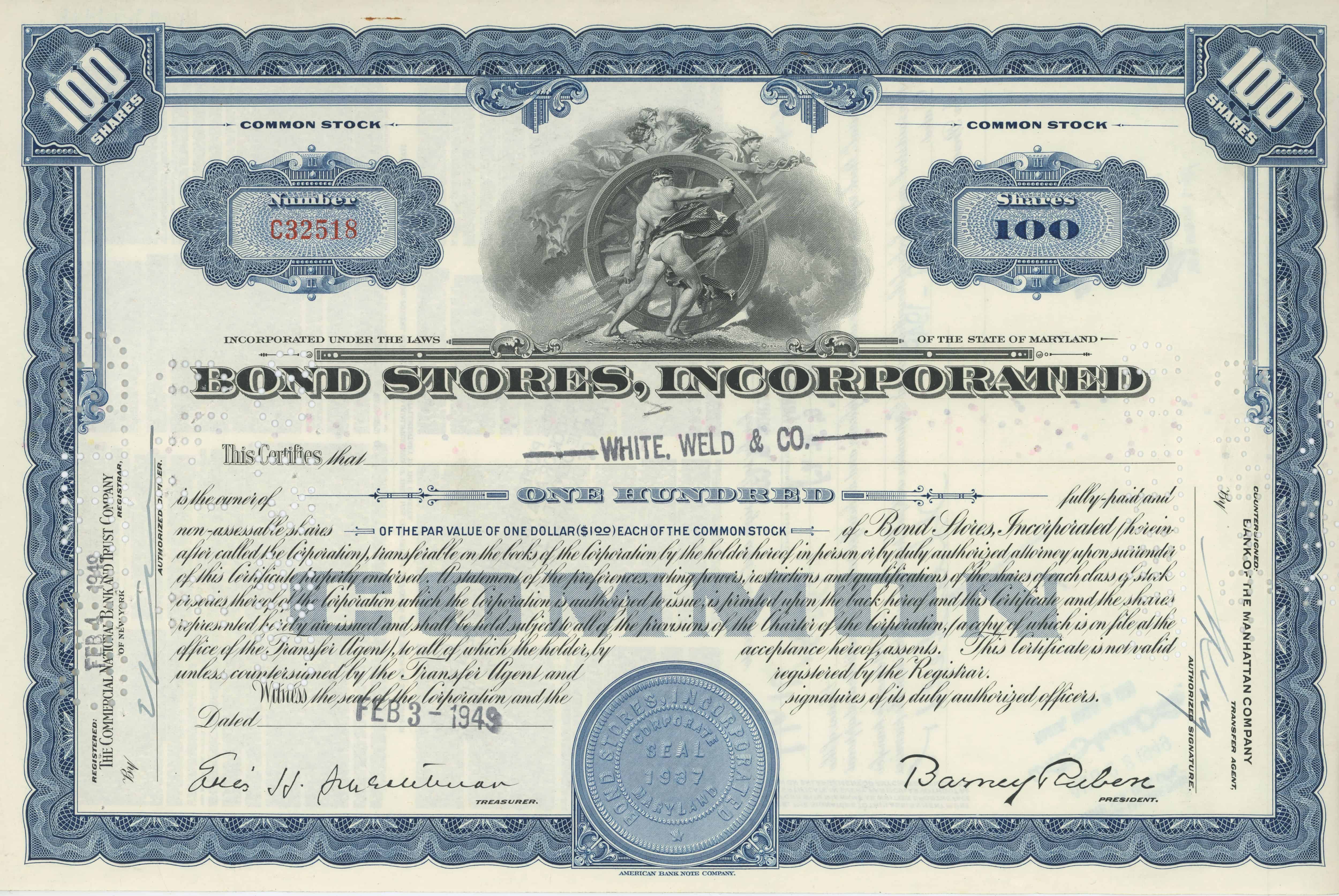 100 akcji Bond Stores, Incorporated z dnia 17 listopada 1949 roku