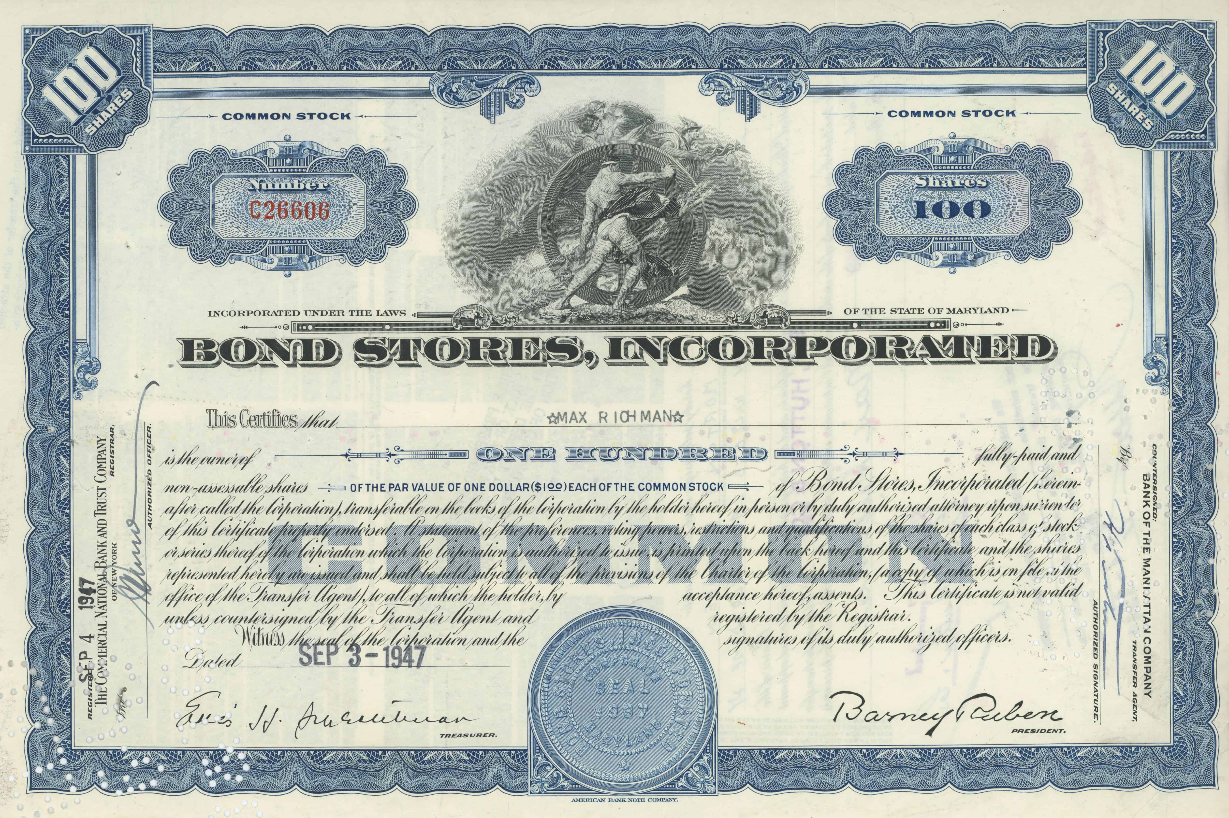 100 akcji Bond Stores, Incorporated z dnia 3 września 1947 roku