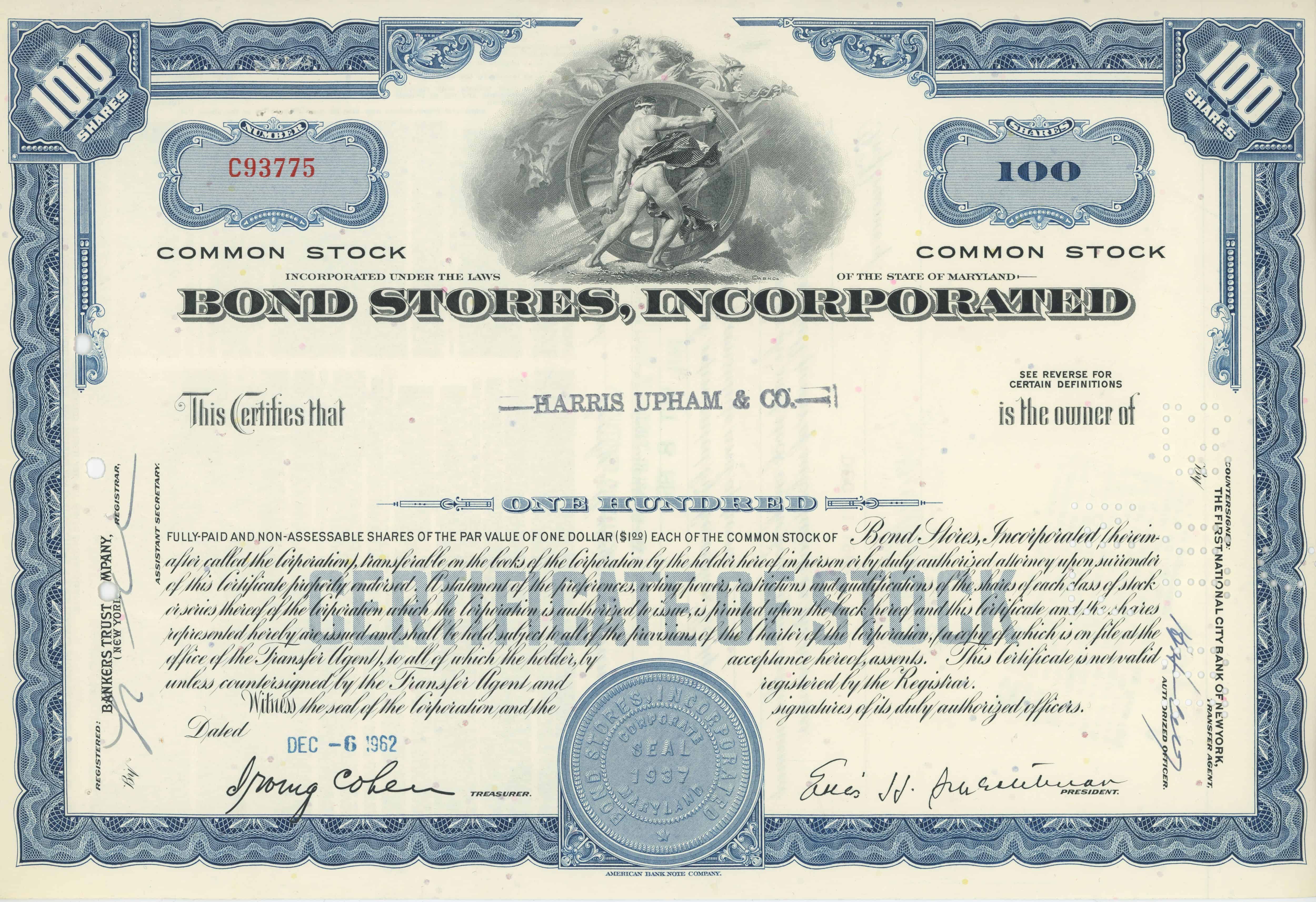 100 akcji Bond Stores, Incorporated z dnia 6 grudnia 1962 roku