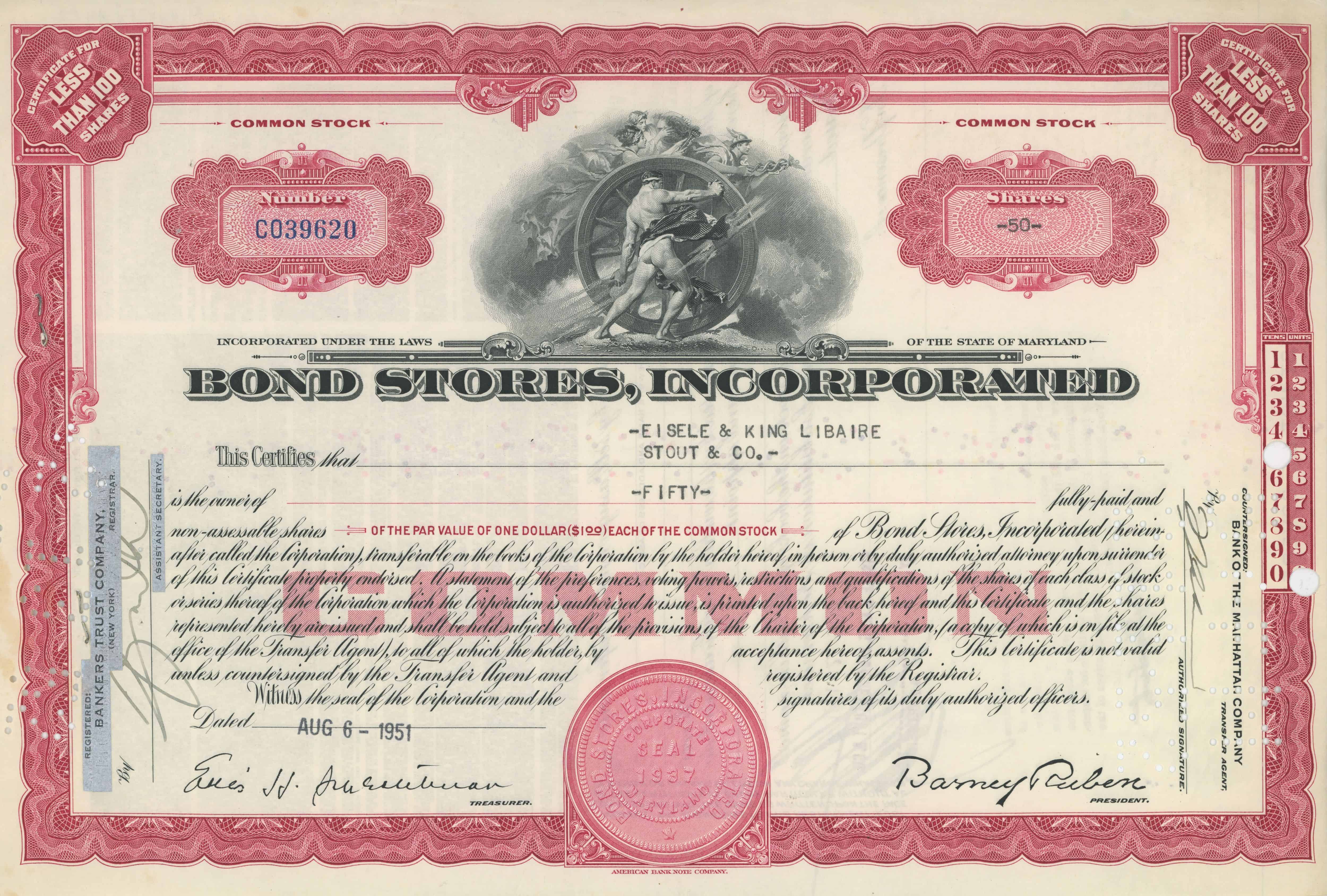 50 akcji Bond Stores, Incorporated z dnia 6 sierpnia 1951 roku