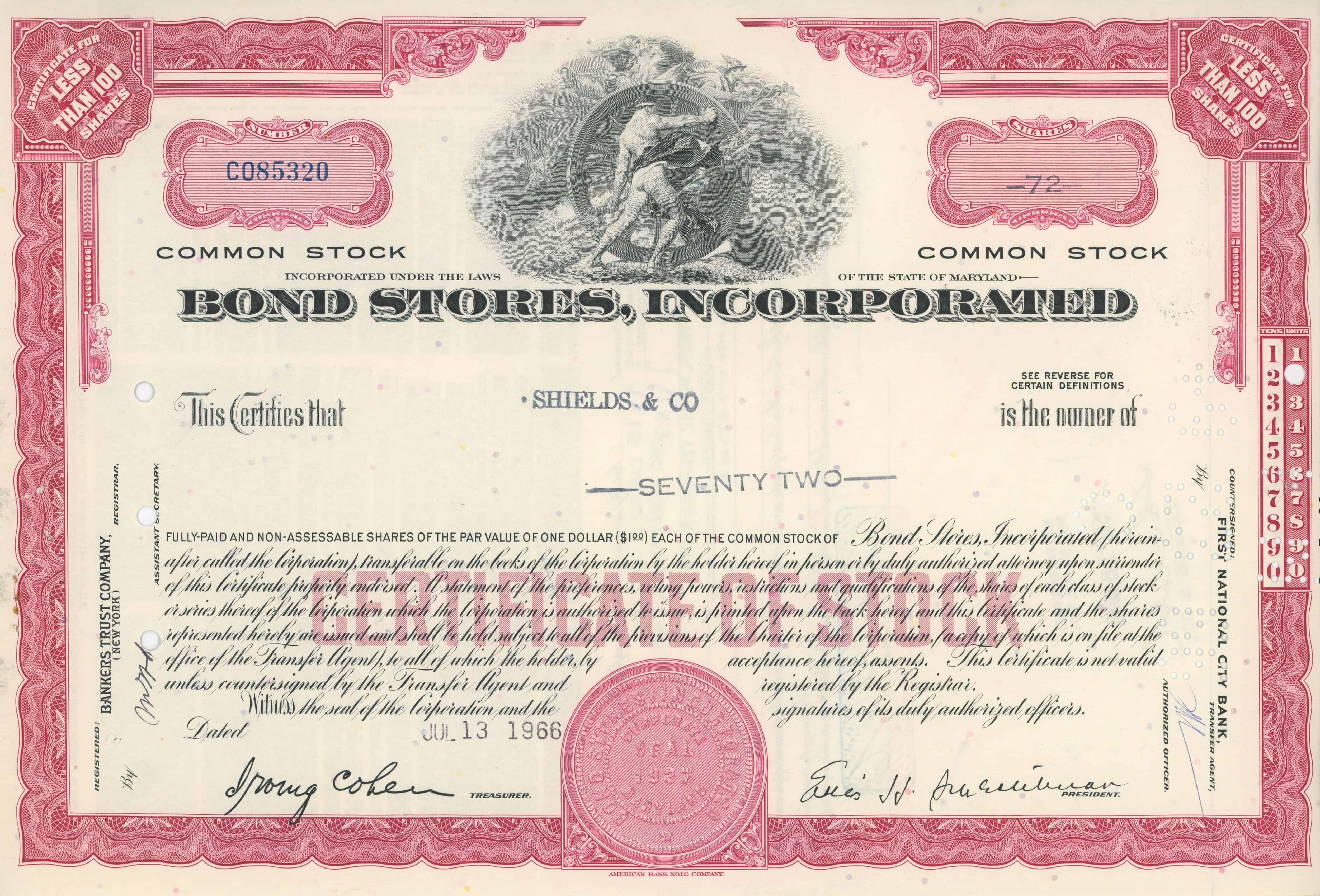 72 akcje Bond Stores, Incorporated z dnia 13 lipca 1966 roku.