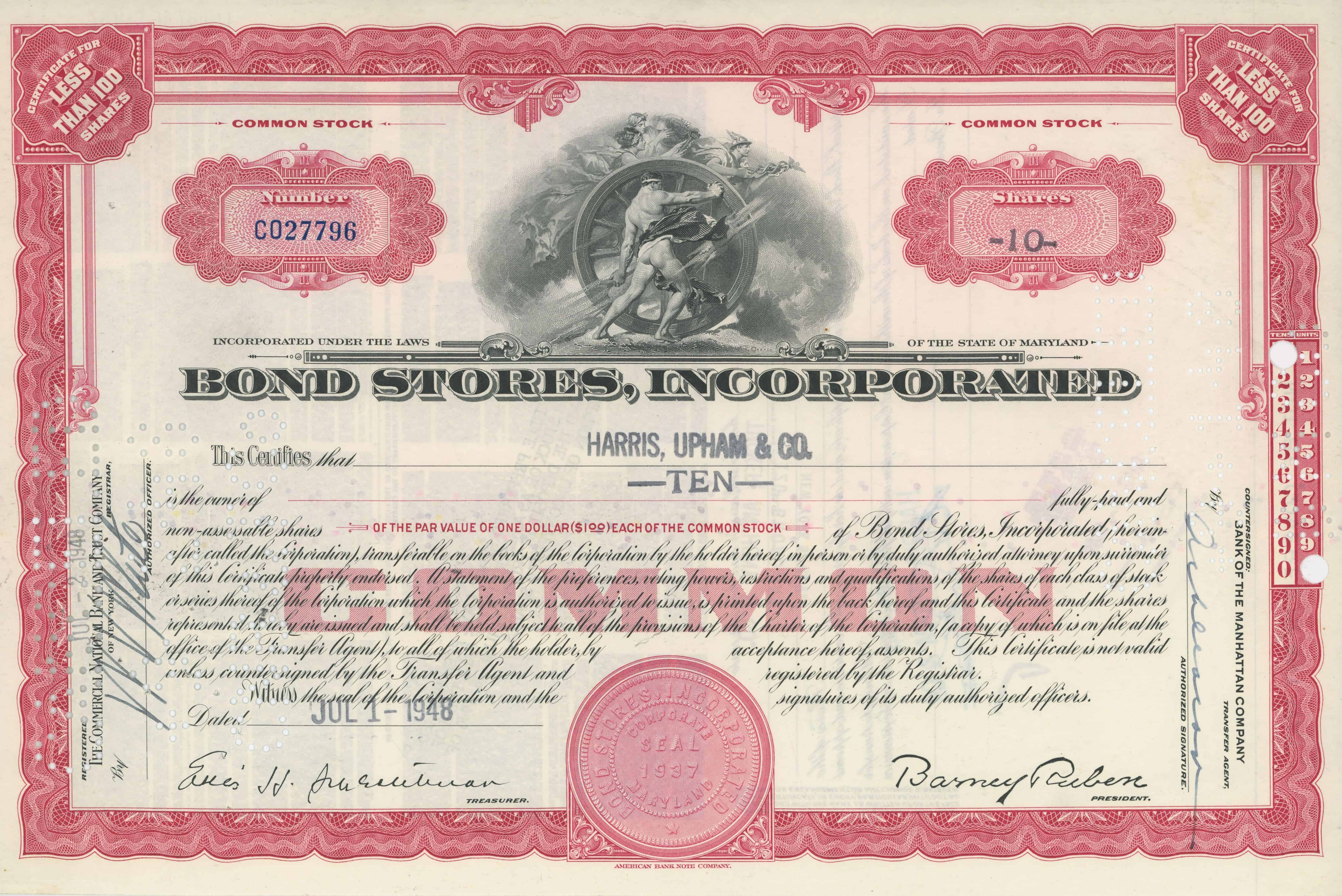 10 akcji Bond Stores, Incorporated z dnia 1 lipca 1948 roku.