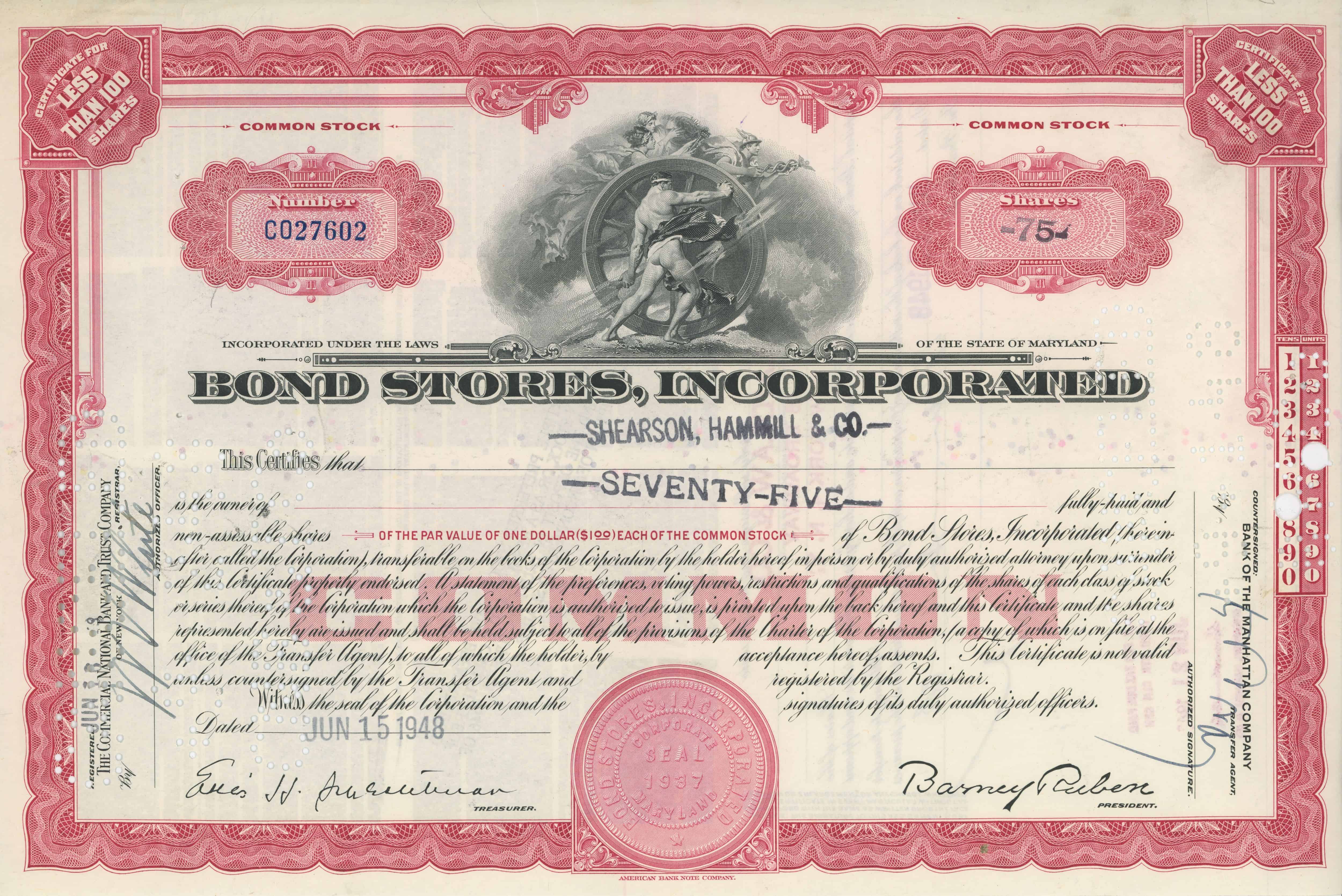 75 akcji Bond Stores, Incorporated z dnia 15 czerwca 1948 roku