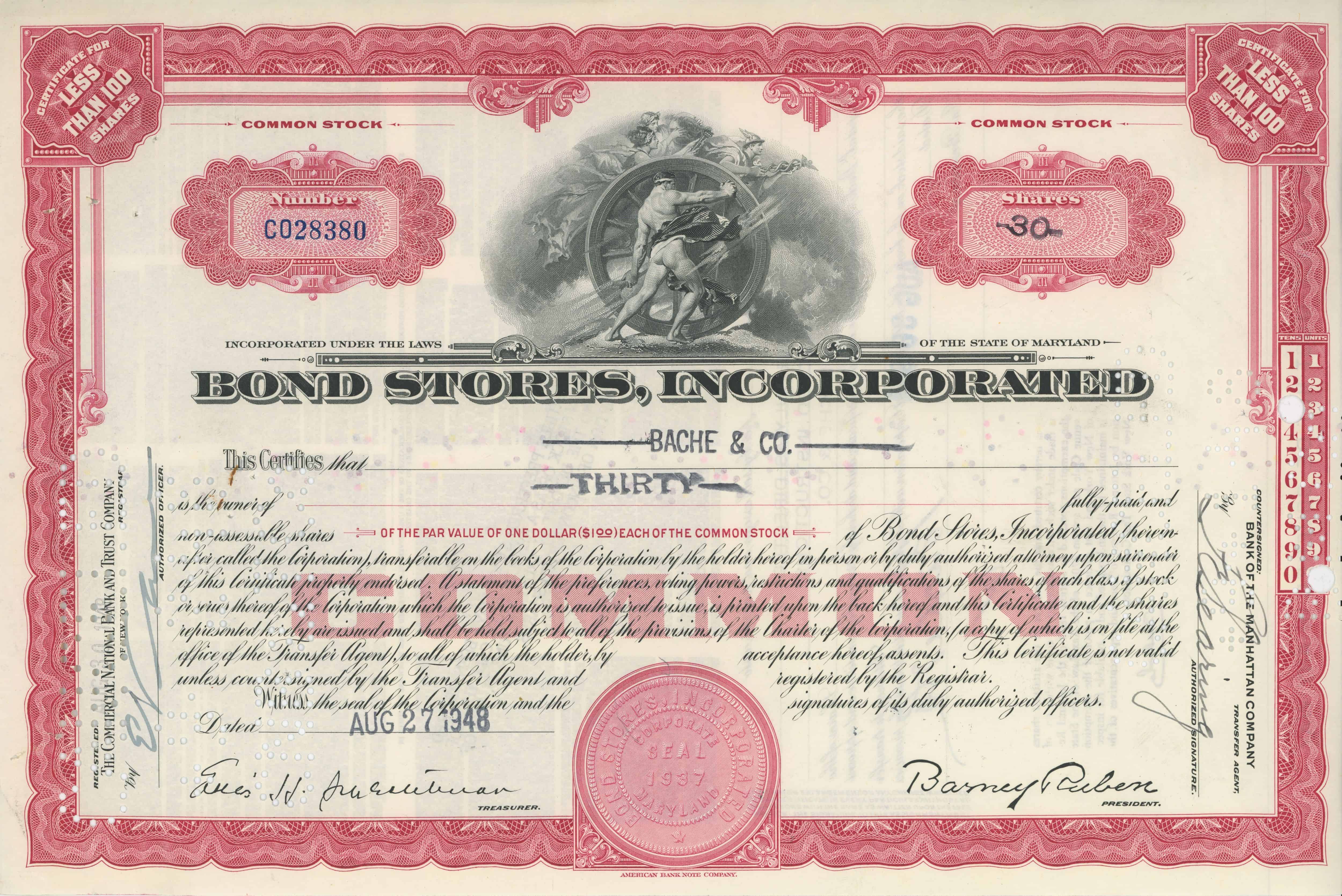 30 akcji Bond Stores, Incorporated z dnia 27 sierpnia 1948 roku