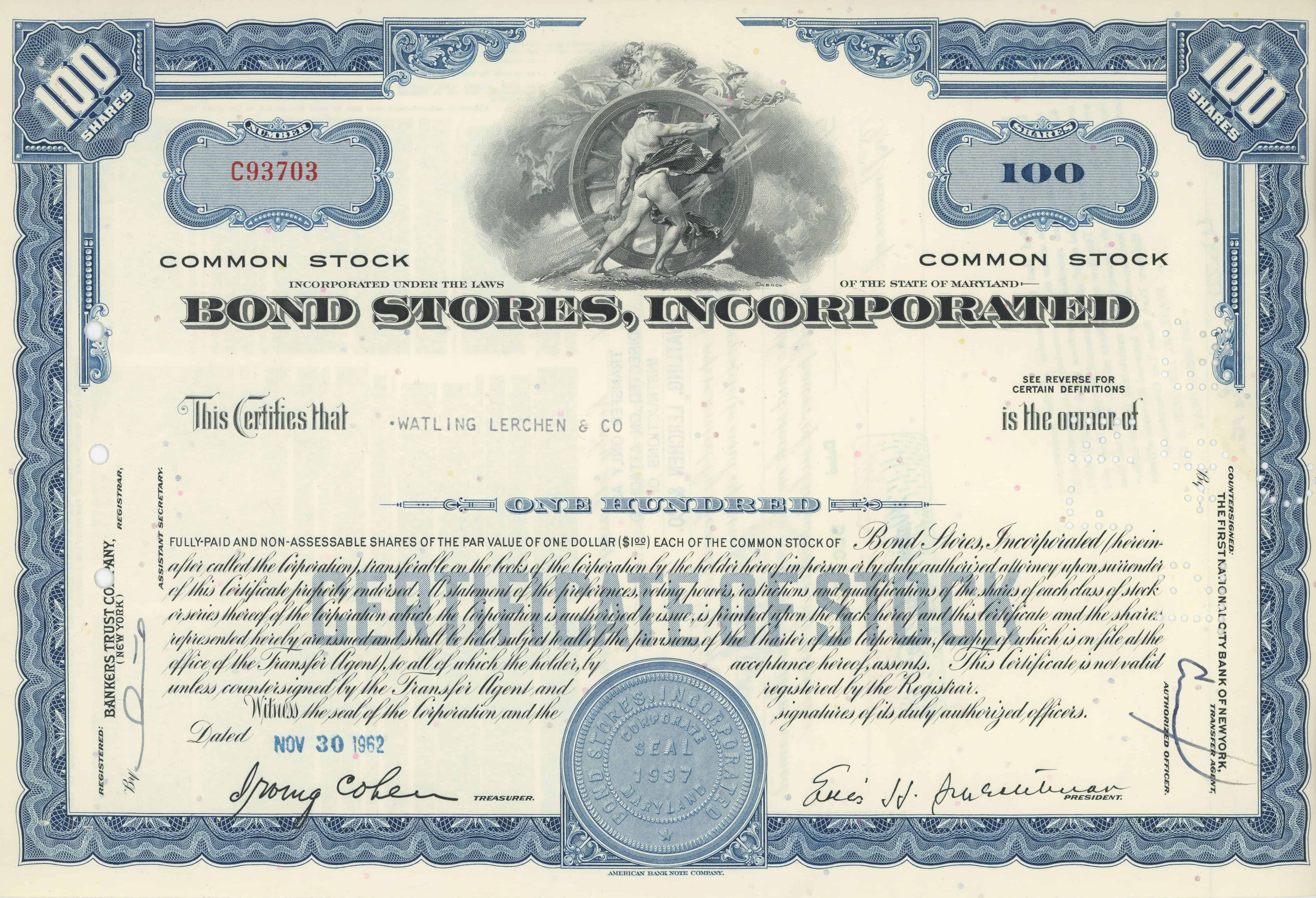 100 akcji Bond Stores, Incorporated z dnia 30 listopada 1962 roku