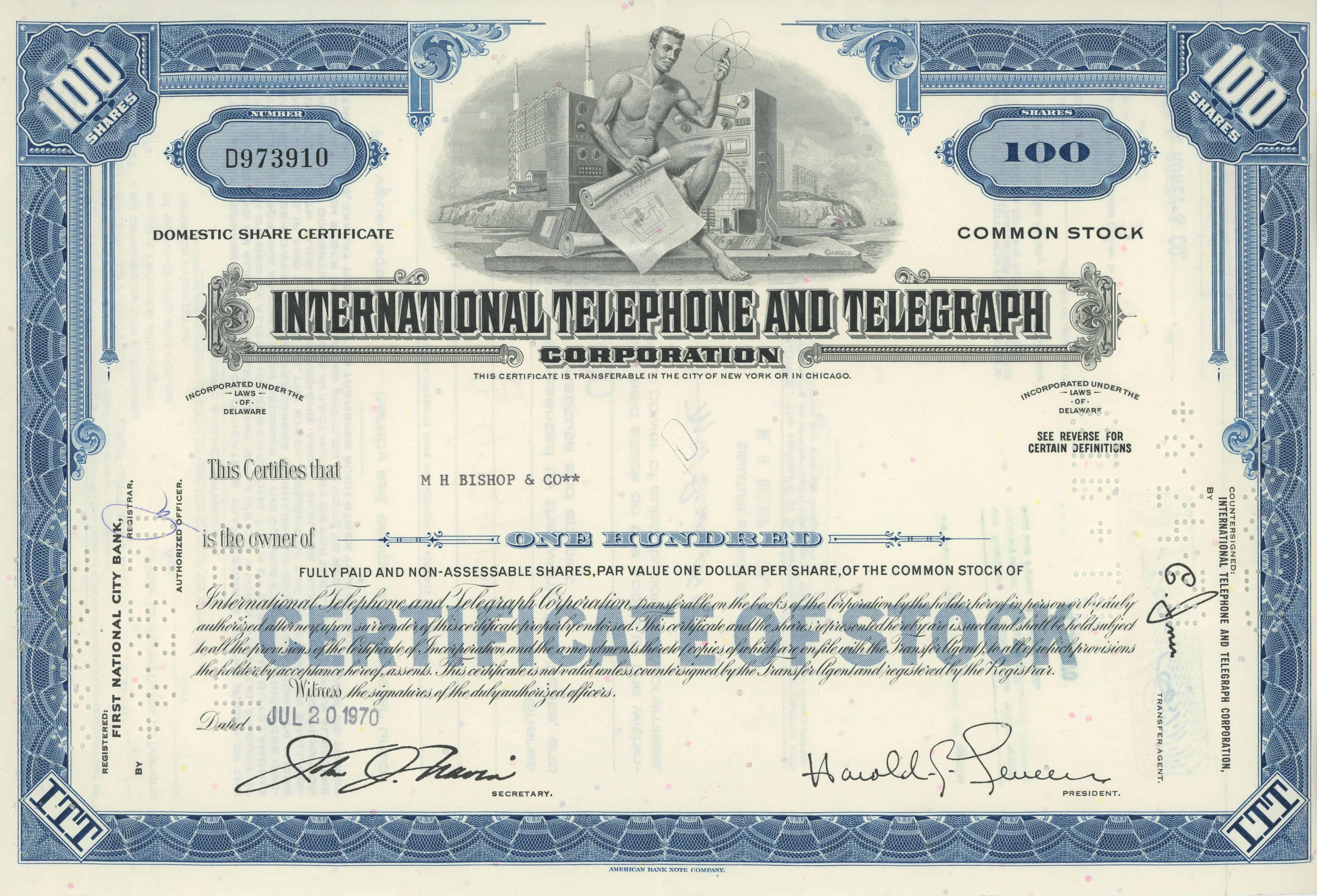 100 akcji International Telephone and Telegraph Corporation z dnia 20 lipca 1970 roku