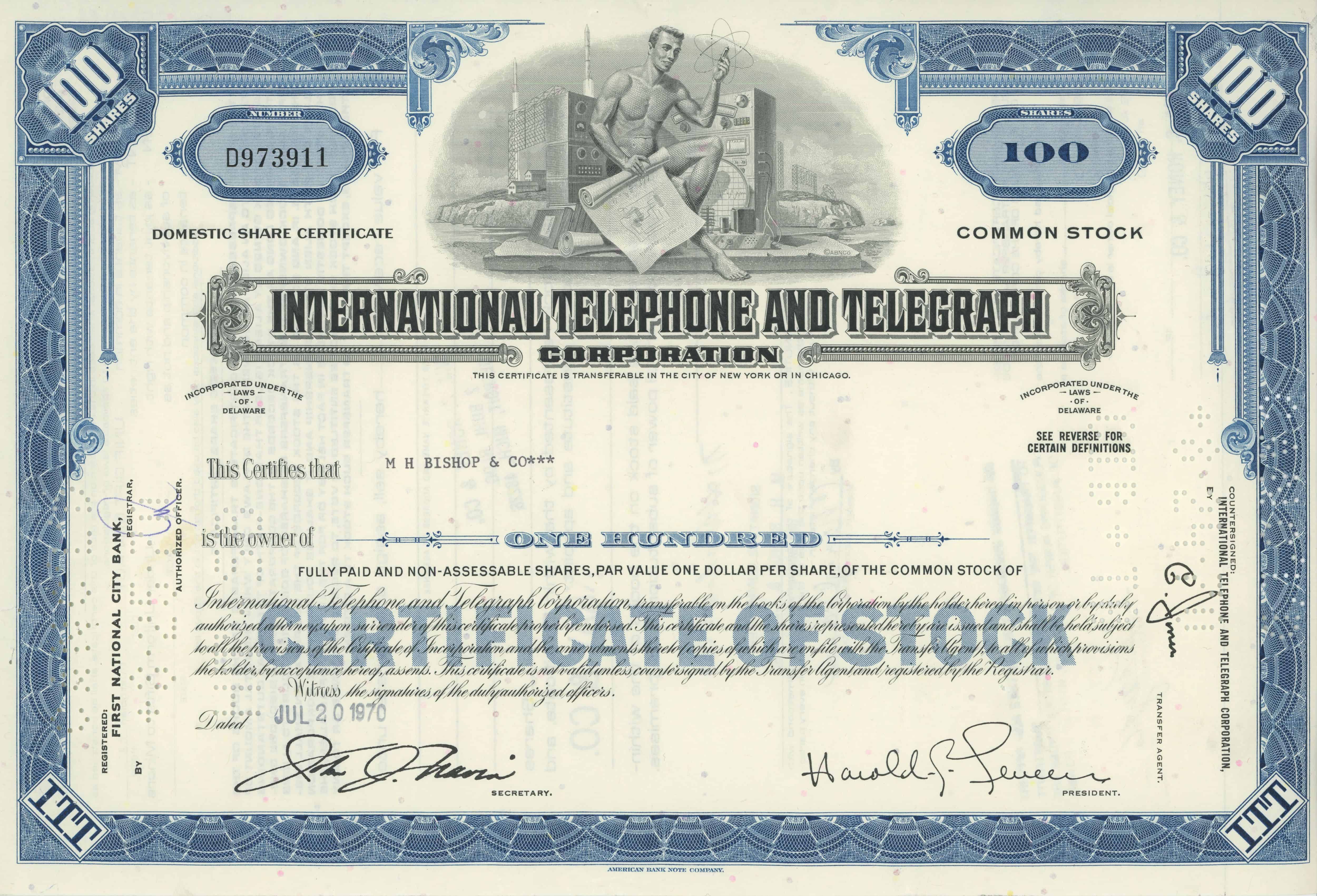 100 akcji International Telephone and Telegraph Corporation z 20 lipca 1970 roku
