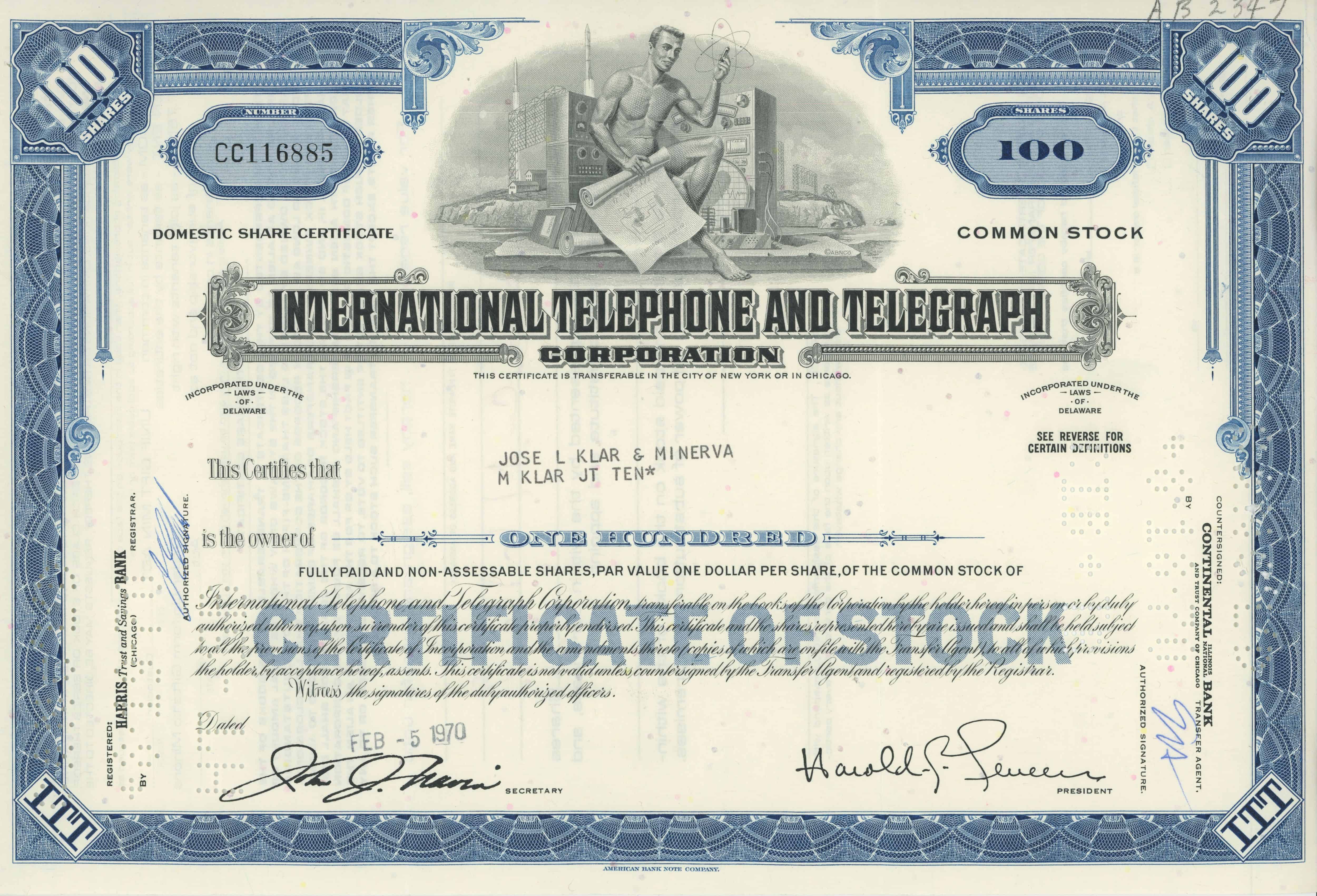 100 akcji International Telephone and Telegraph Corporation z 5 lutego 1970 roku