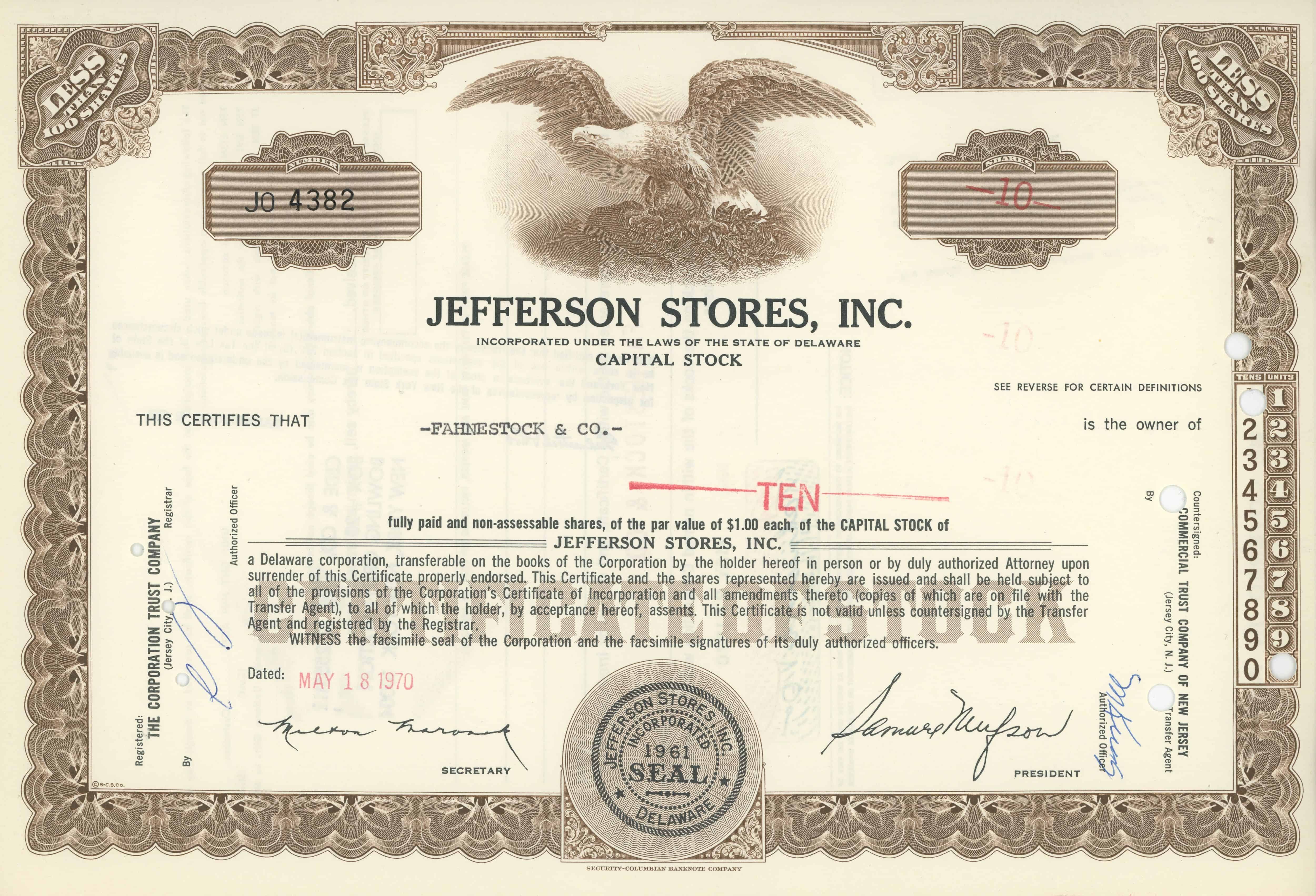 10 akcji Jefferson Stores, Inc. z 18 maja 1970 roku