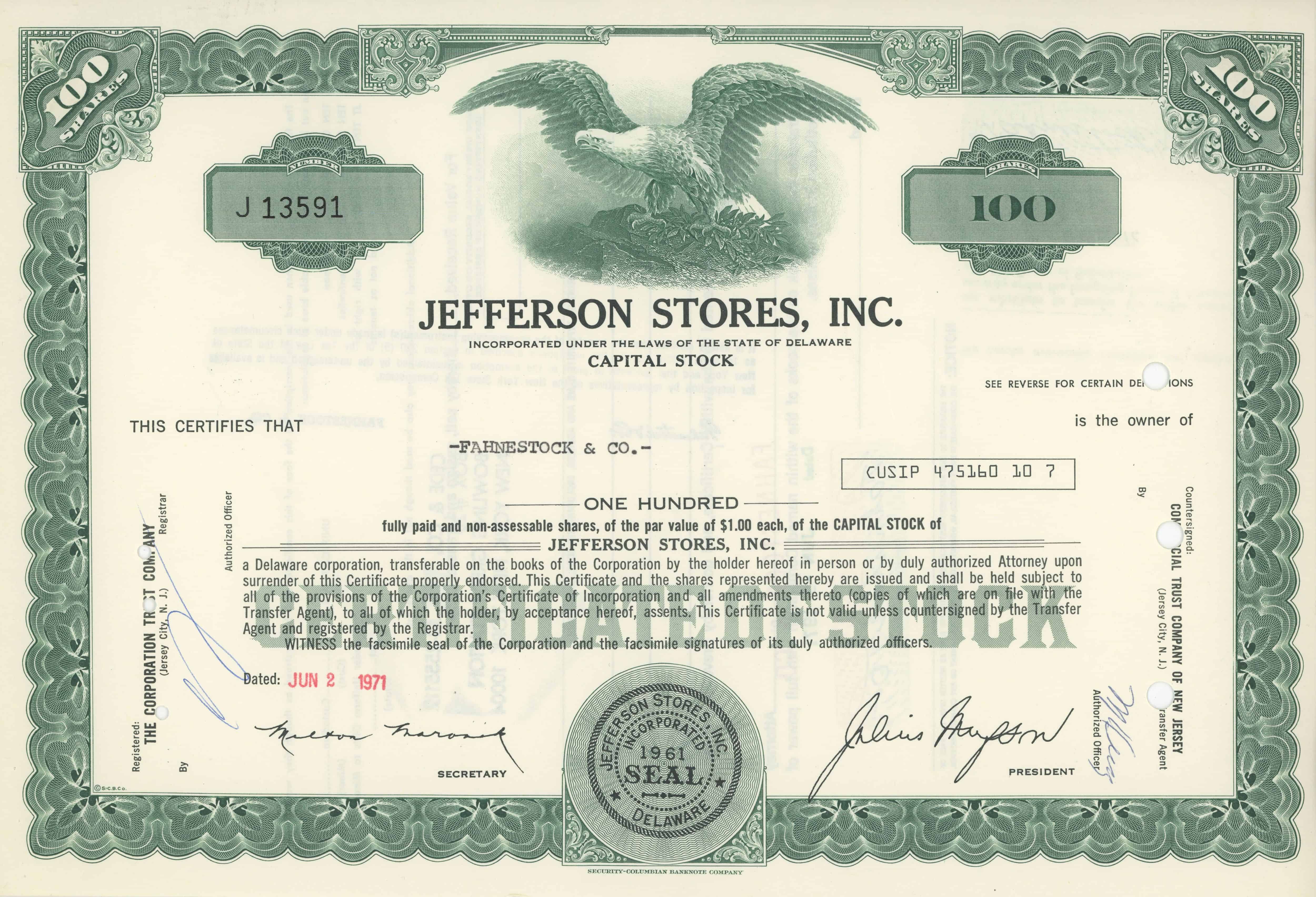 100 akcji Jefferson Stores, Inc. z 2 czerwca 1971 roku