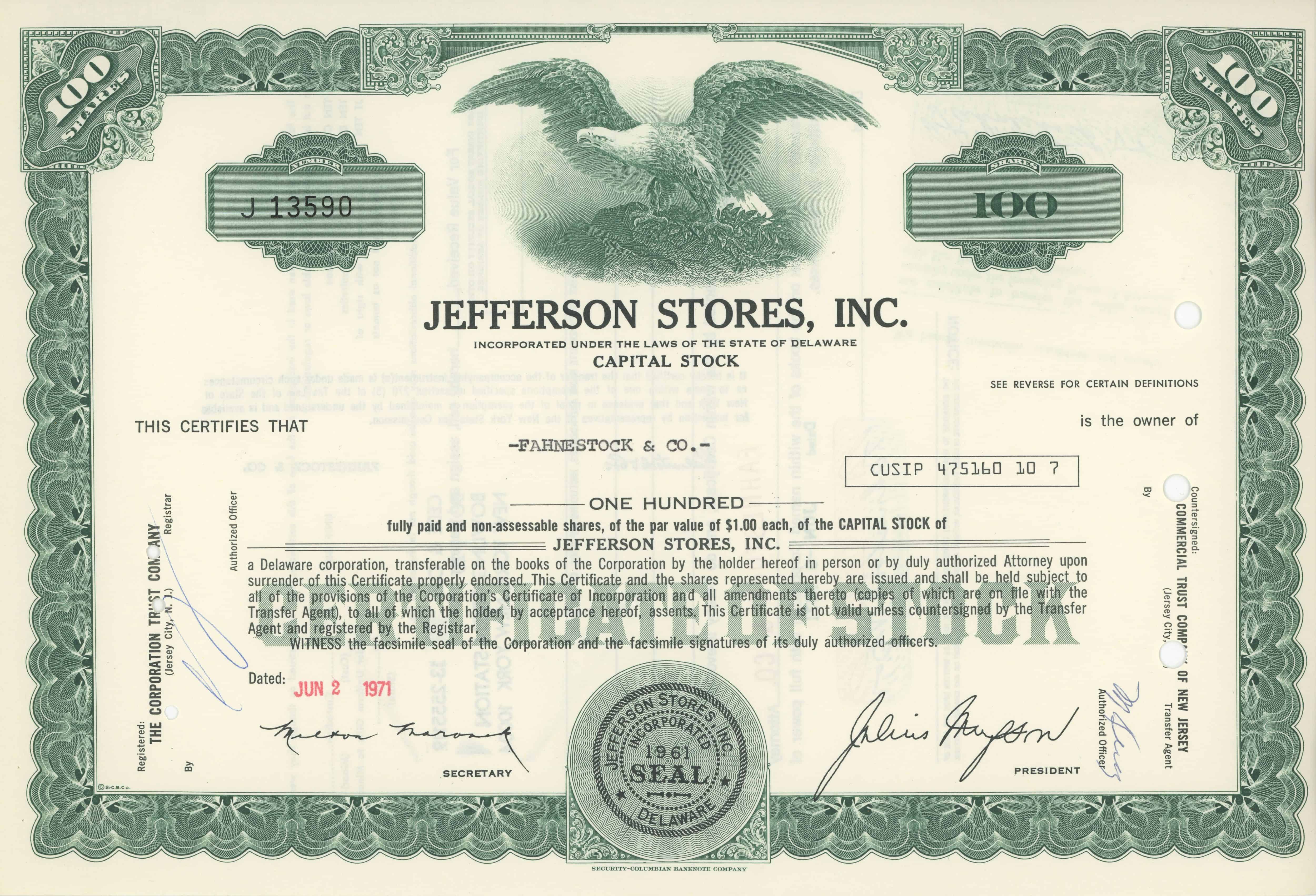 100 akcji Jefferson Stores, Inc. z 2 czerwca 1971 roku