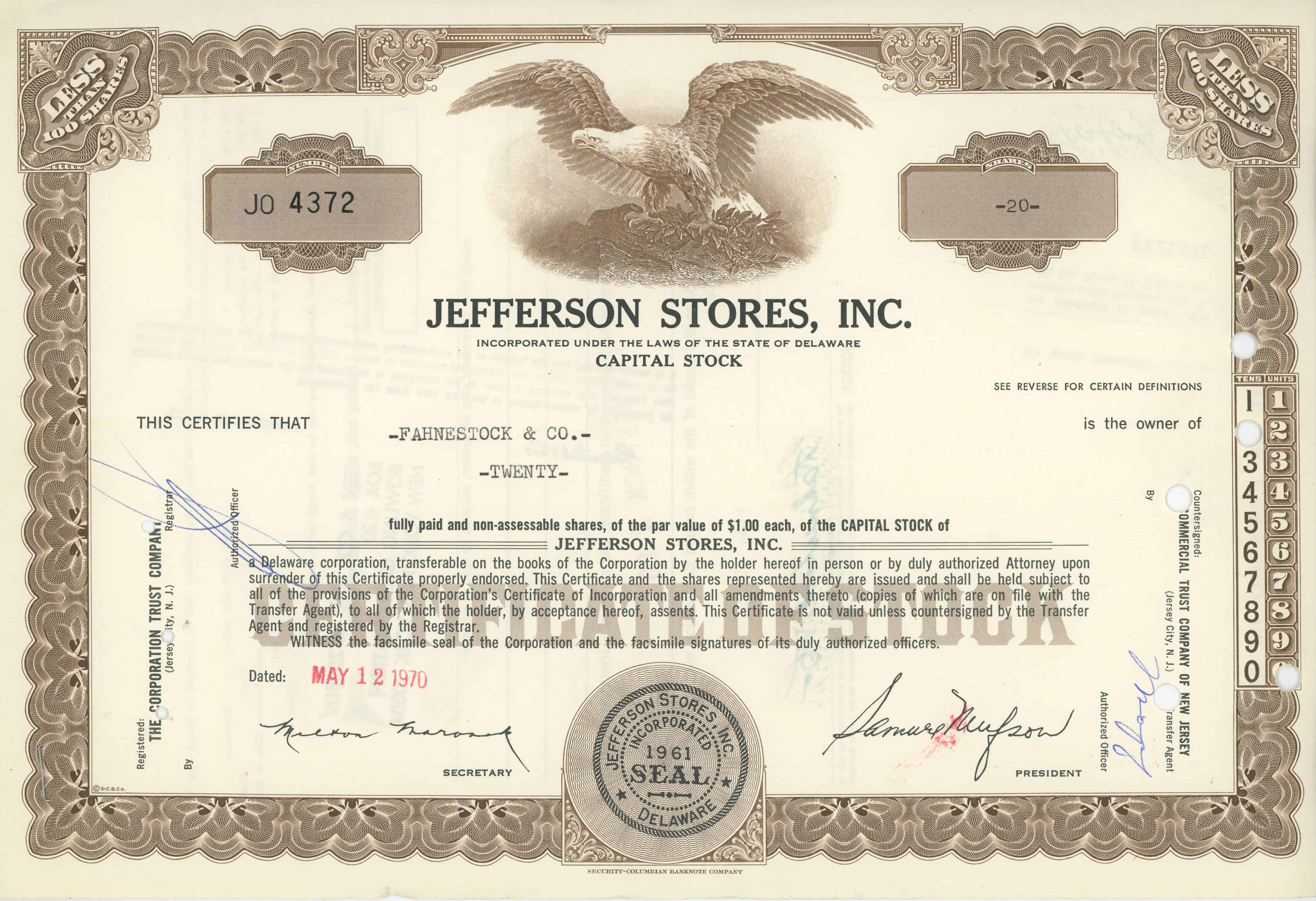 20 akcji Jefferson Stores, Inc. z 12 maja 1970 roku