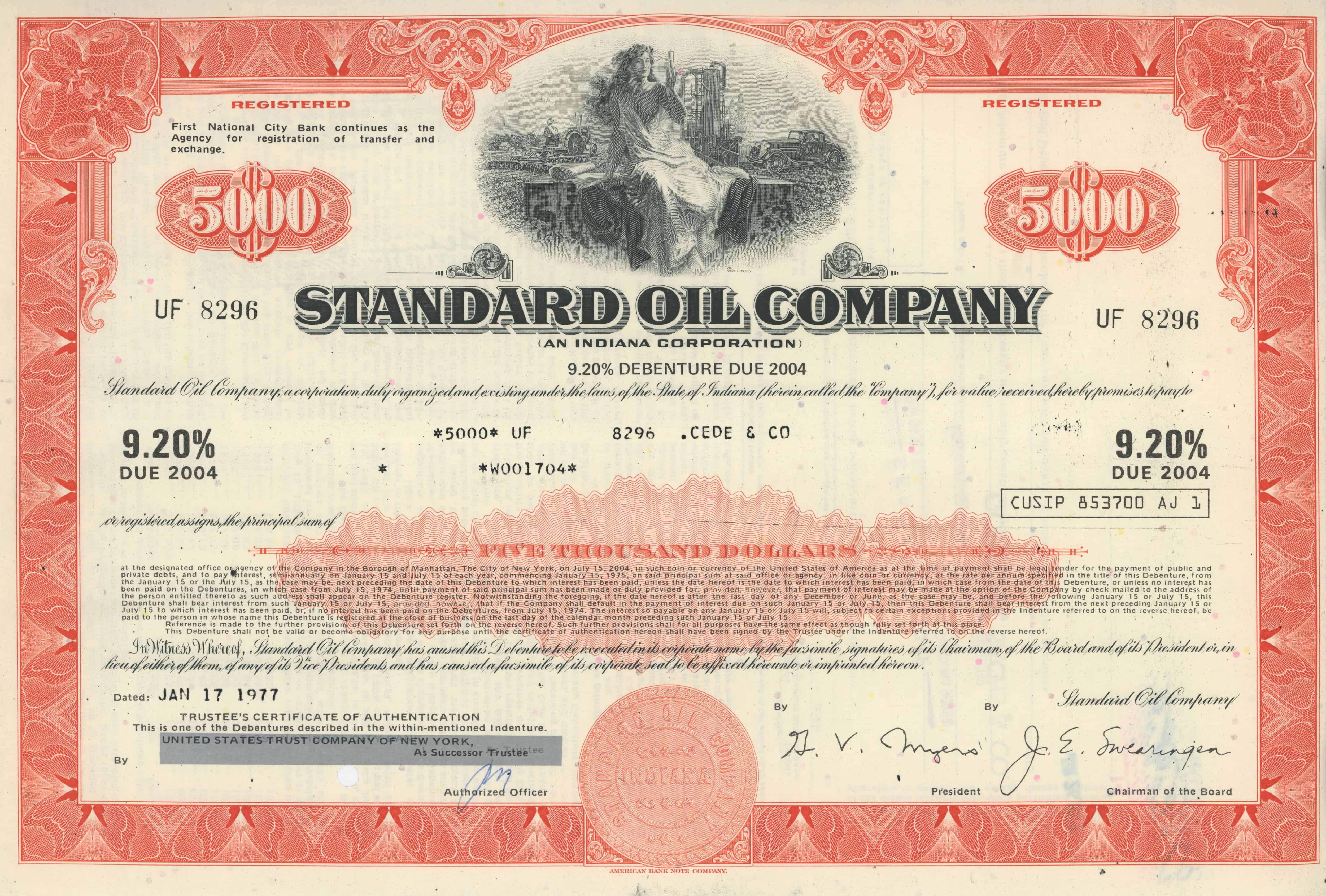 Obligacje Standard Oil Company o wartości 5000 dolarów z 17 stycznia 1977 roku
