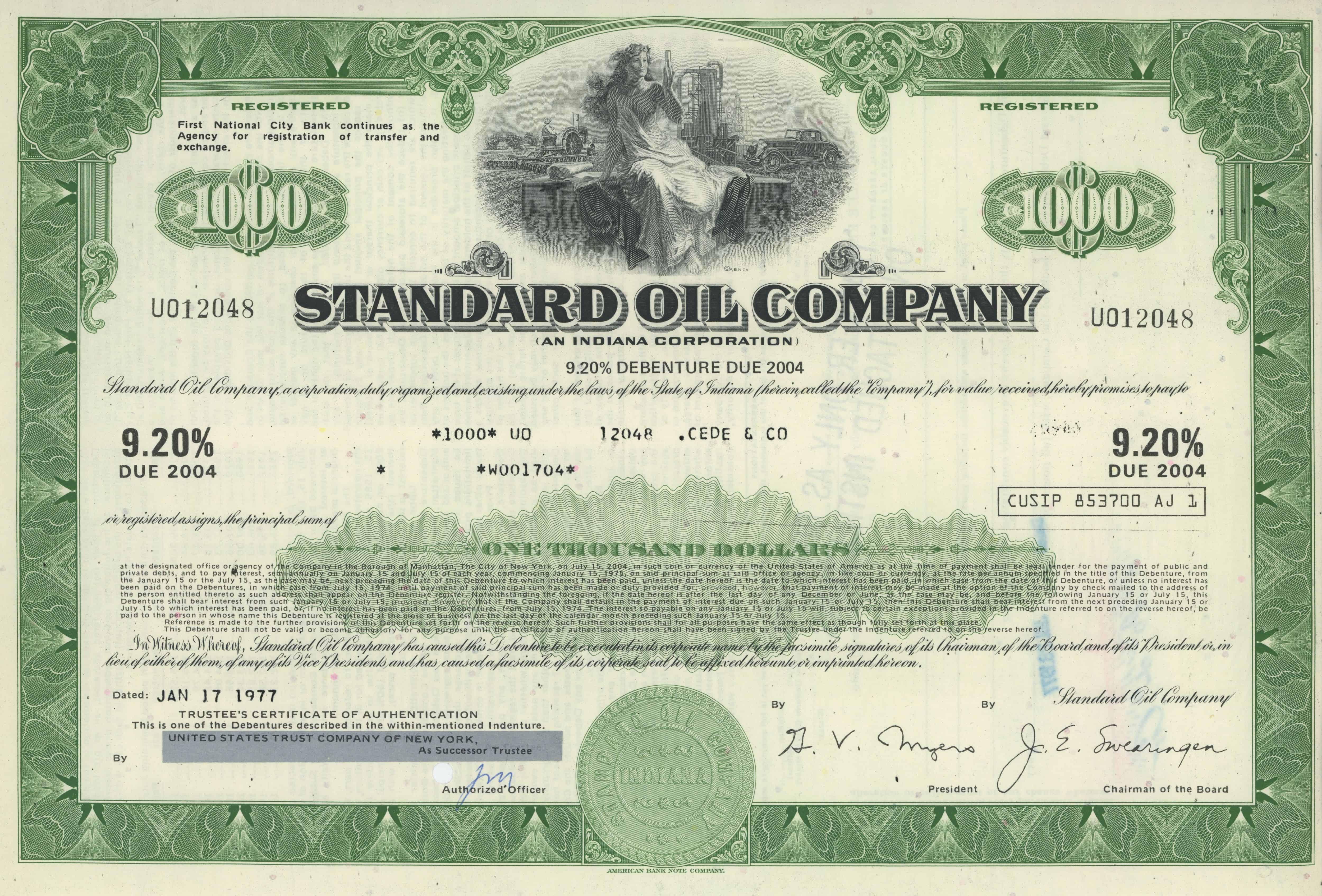 Obligacje Standard Oil Company o wartości 1000 dolarów z 17 stycznia 1977 roku