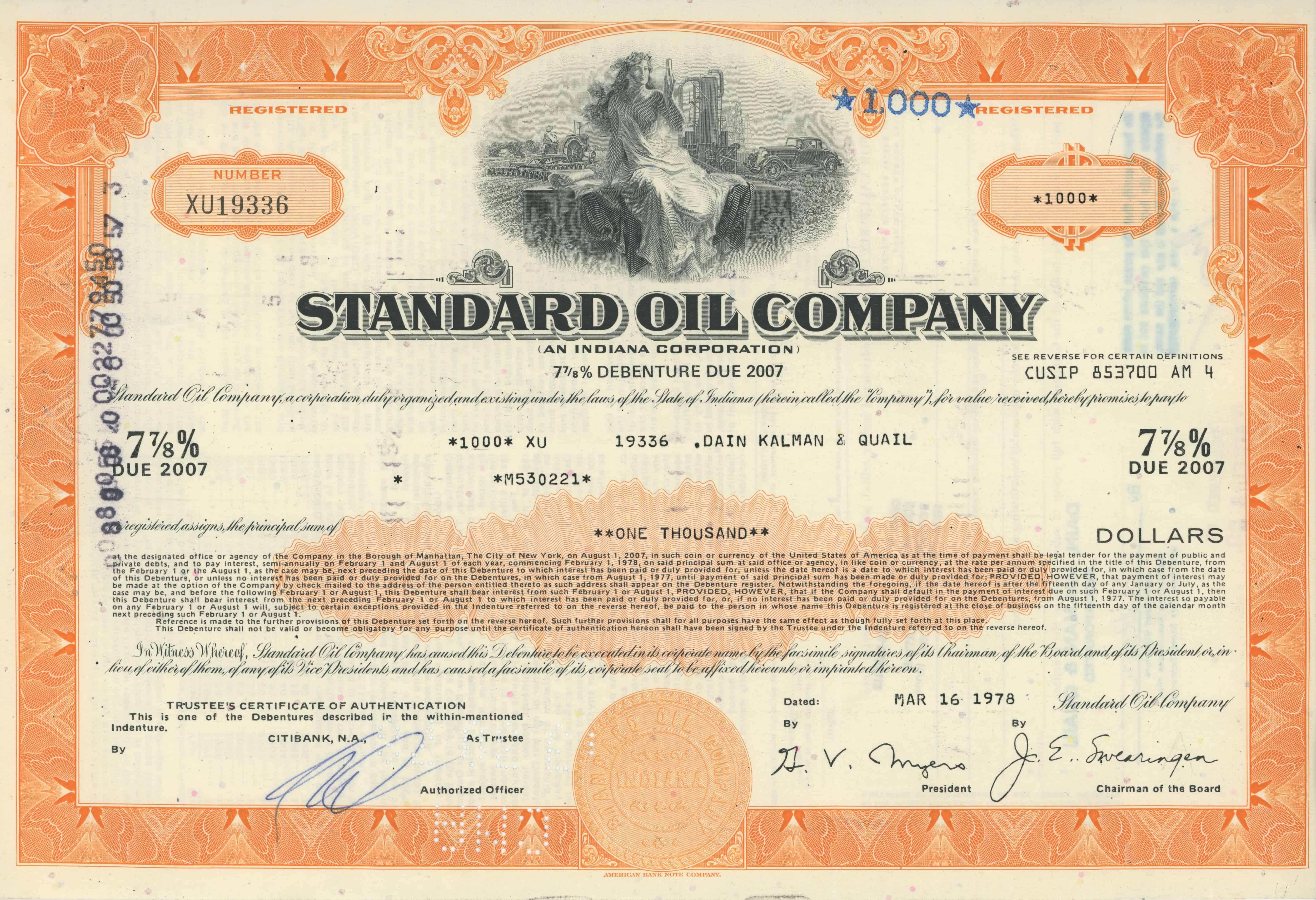 Obligacje Standard Oil Company o wartości 1000 dolarów z 16 marca 1978 roku