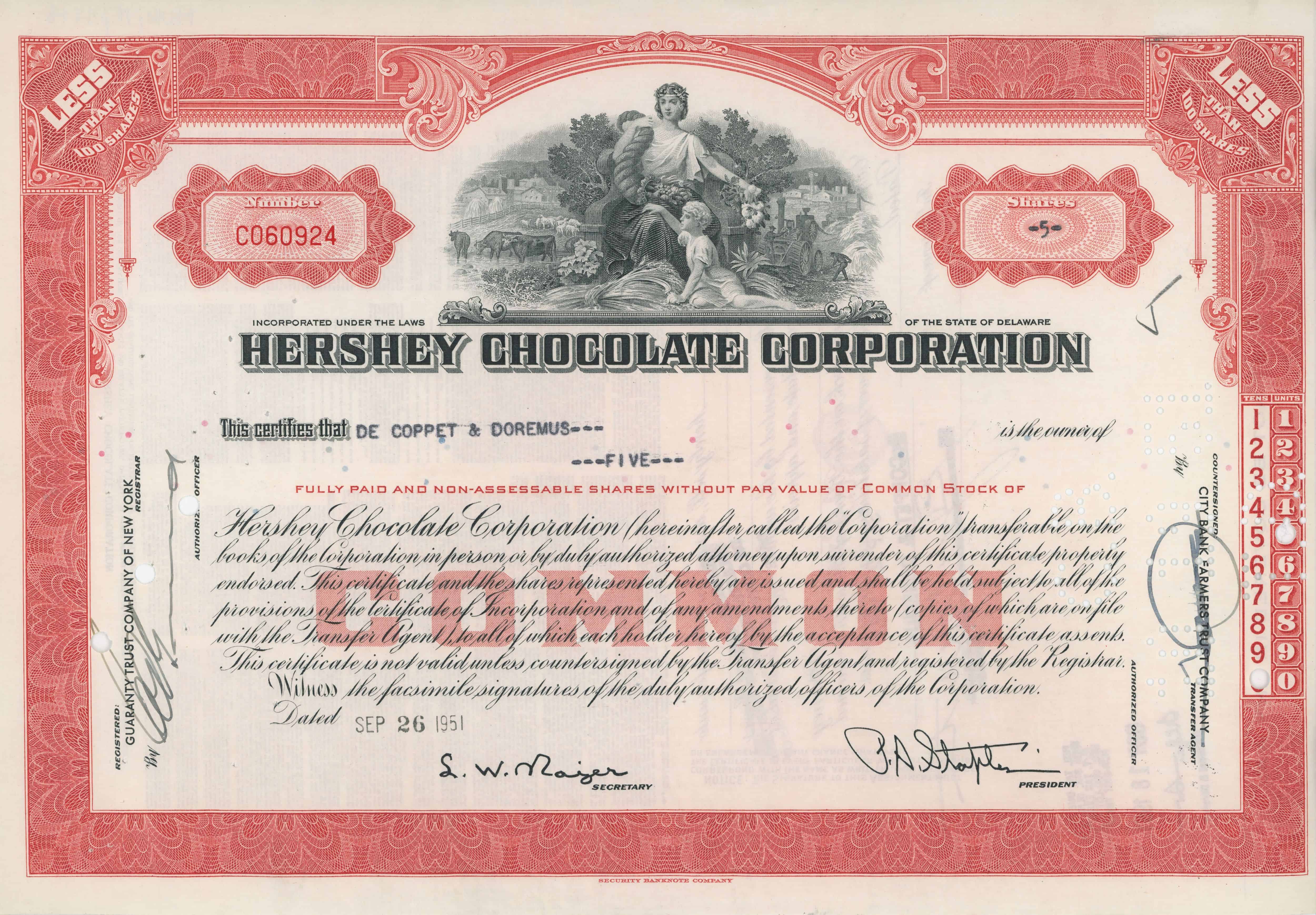 5 akcji Hershey Chocolate Corporation z 26 września 1951 roku