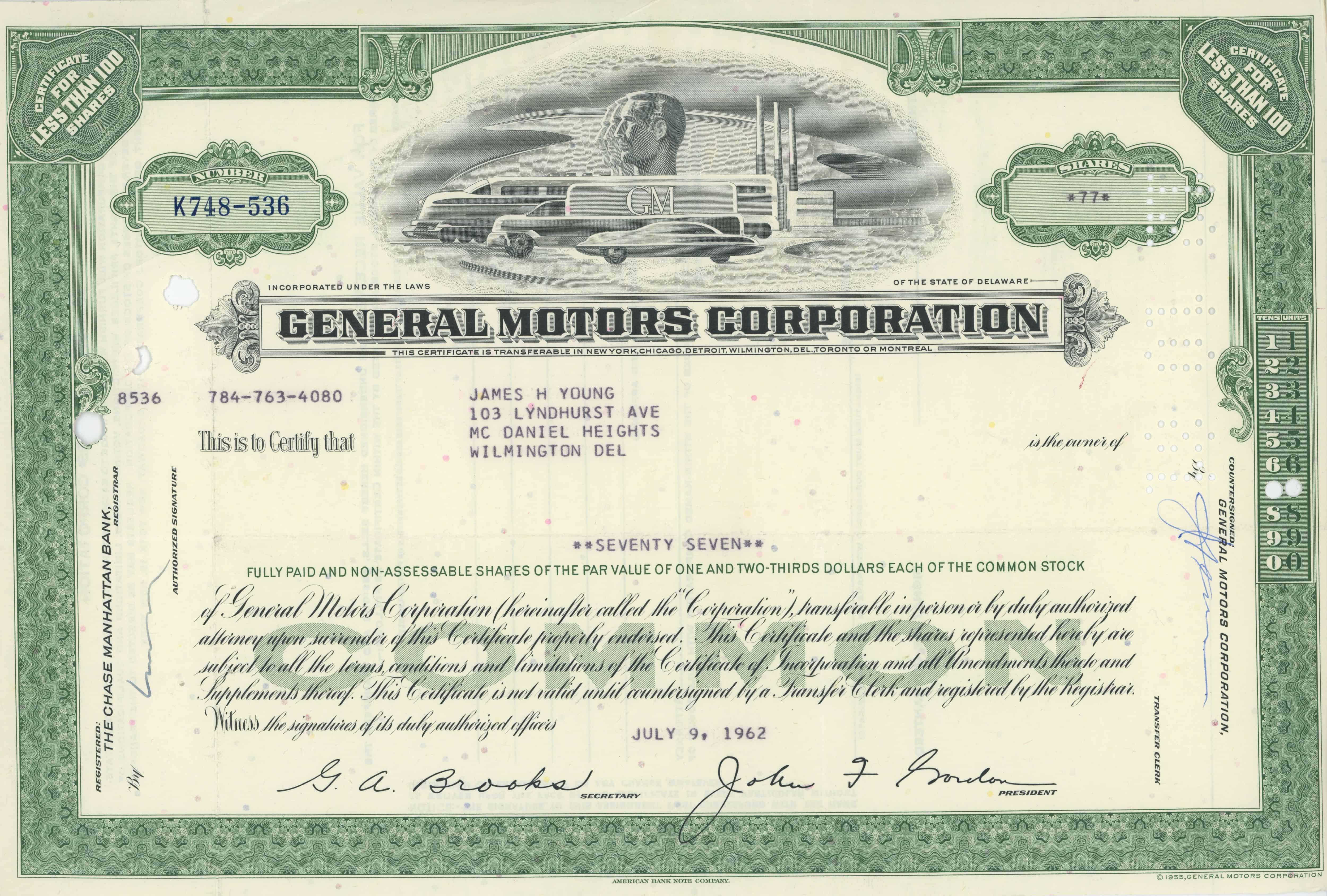 77 akcji General Motors Corporation z 9 sierpnia 1962 roku