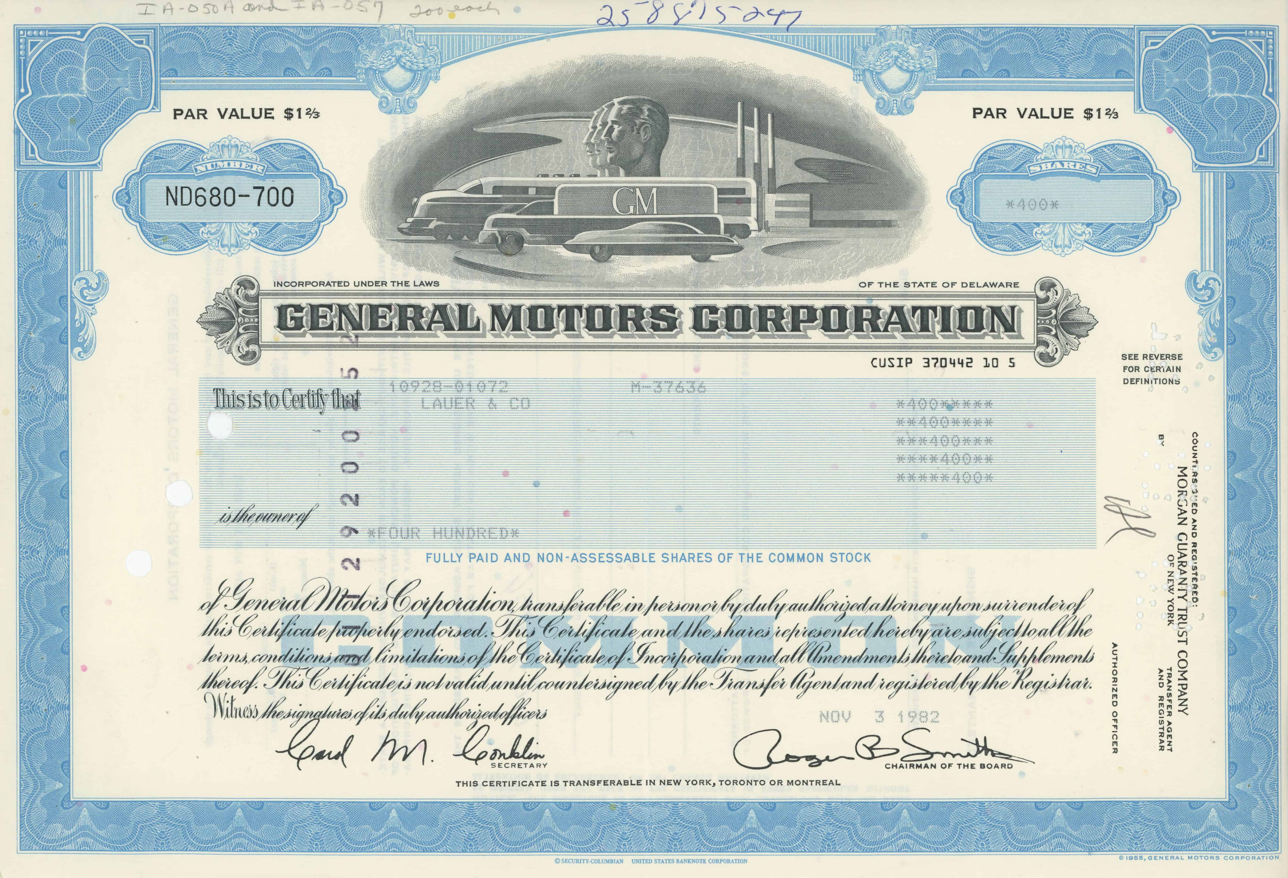 100 akcji General Motors Corporation z 3 listopada 1982 roku