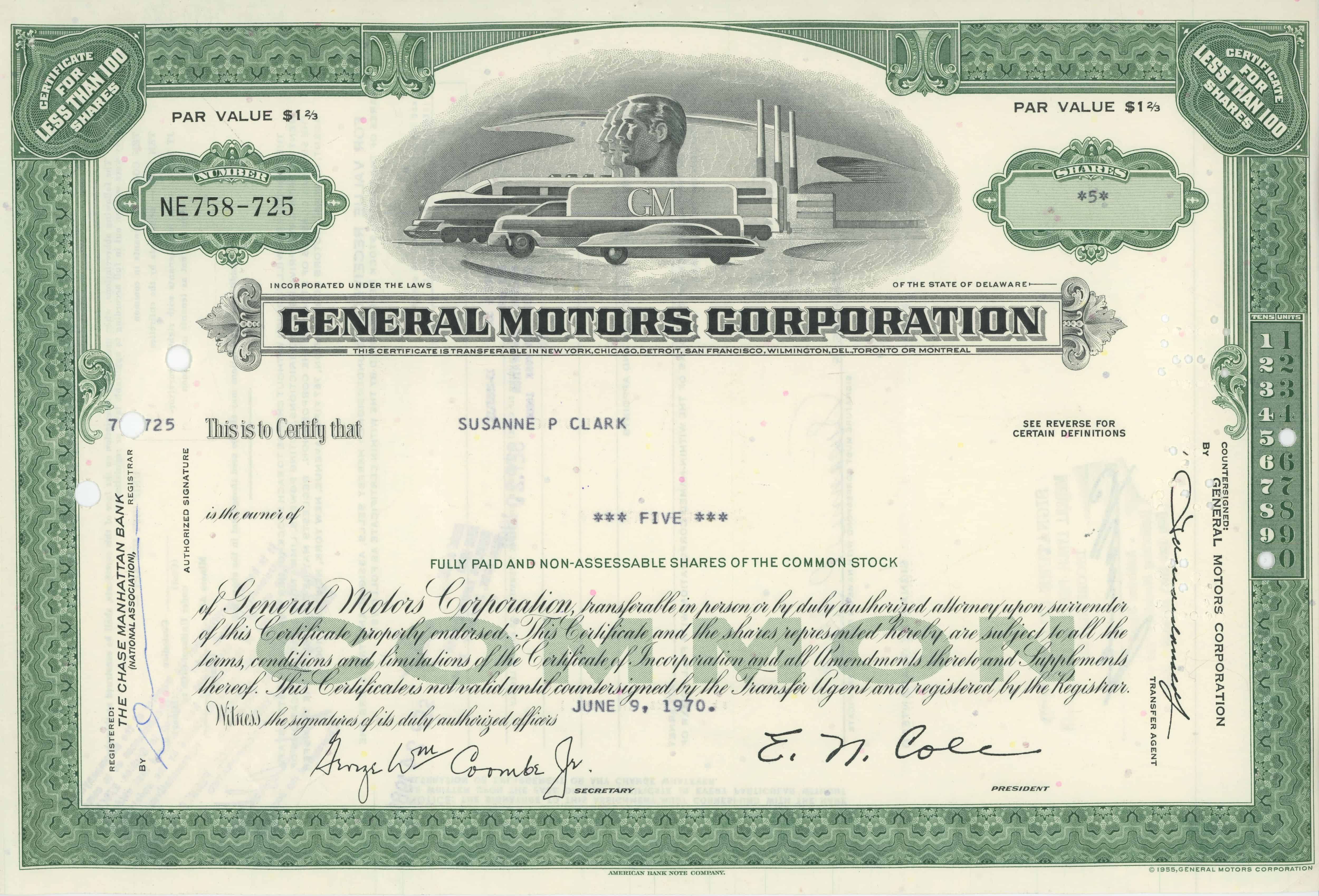 5 akcji General Motors Corporation z 9 czerwca 1970 roku