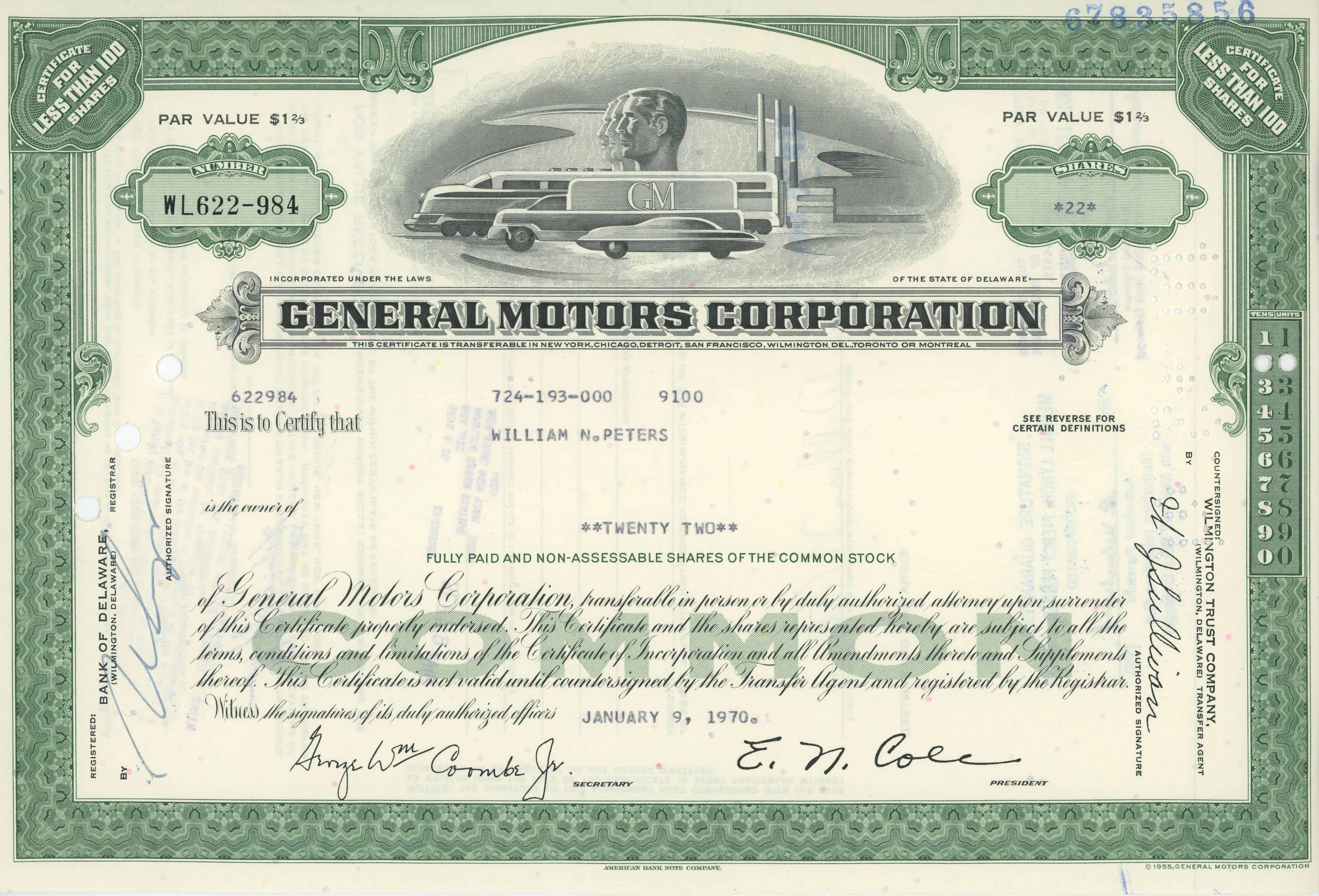 22 akcje General Motors Corporation z 9 stycznia 1970 roku