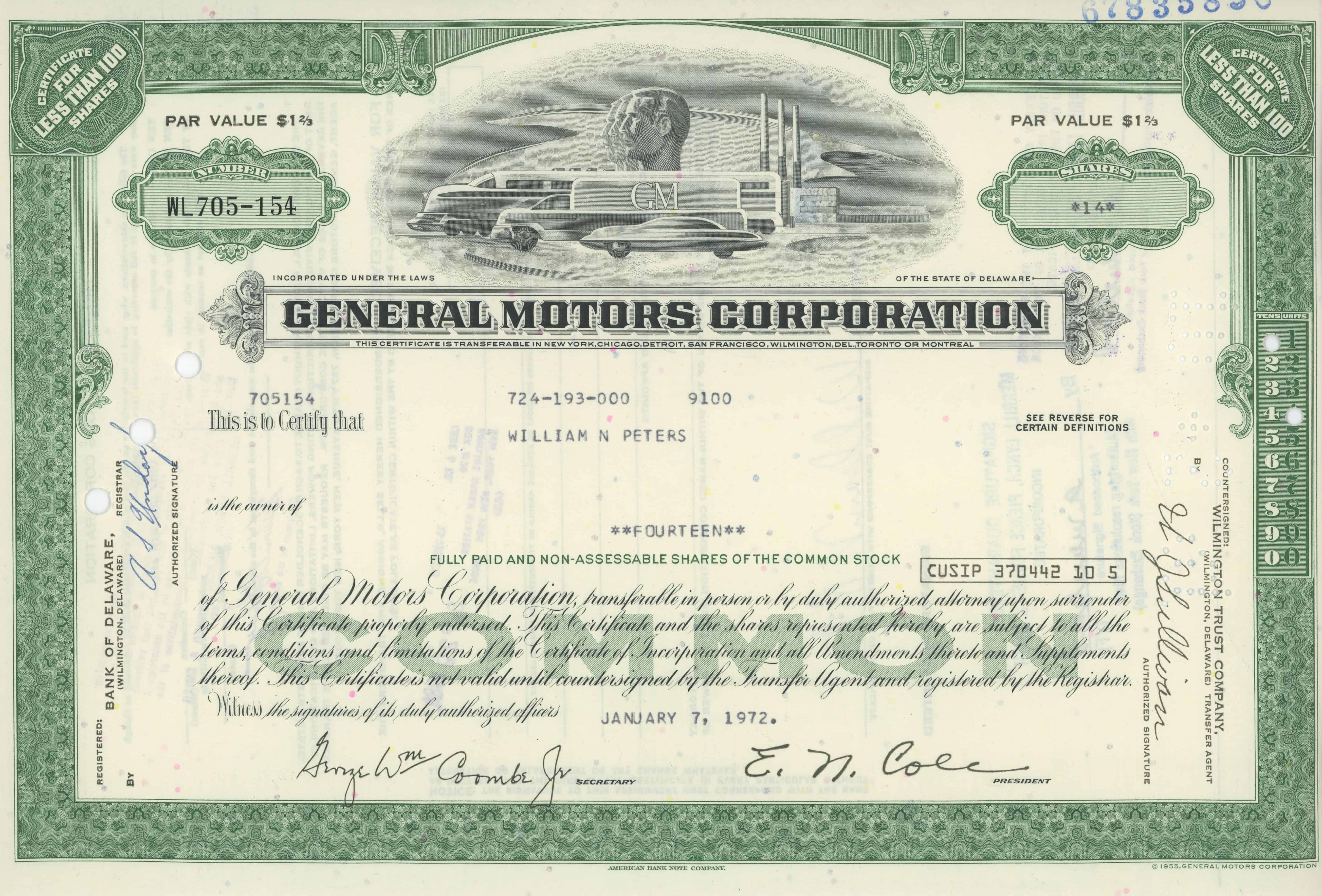 14 akcji General Motors Corporation z 7 stycznia 1972 roku