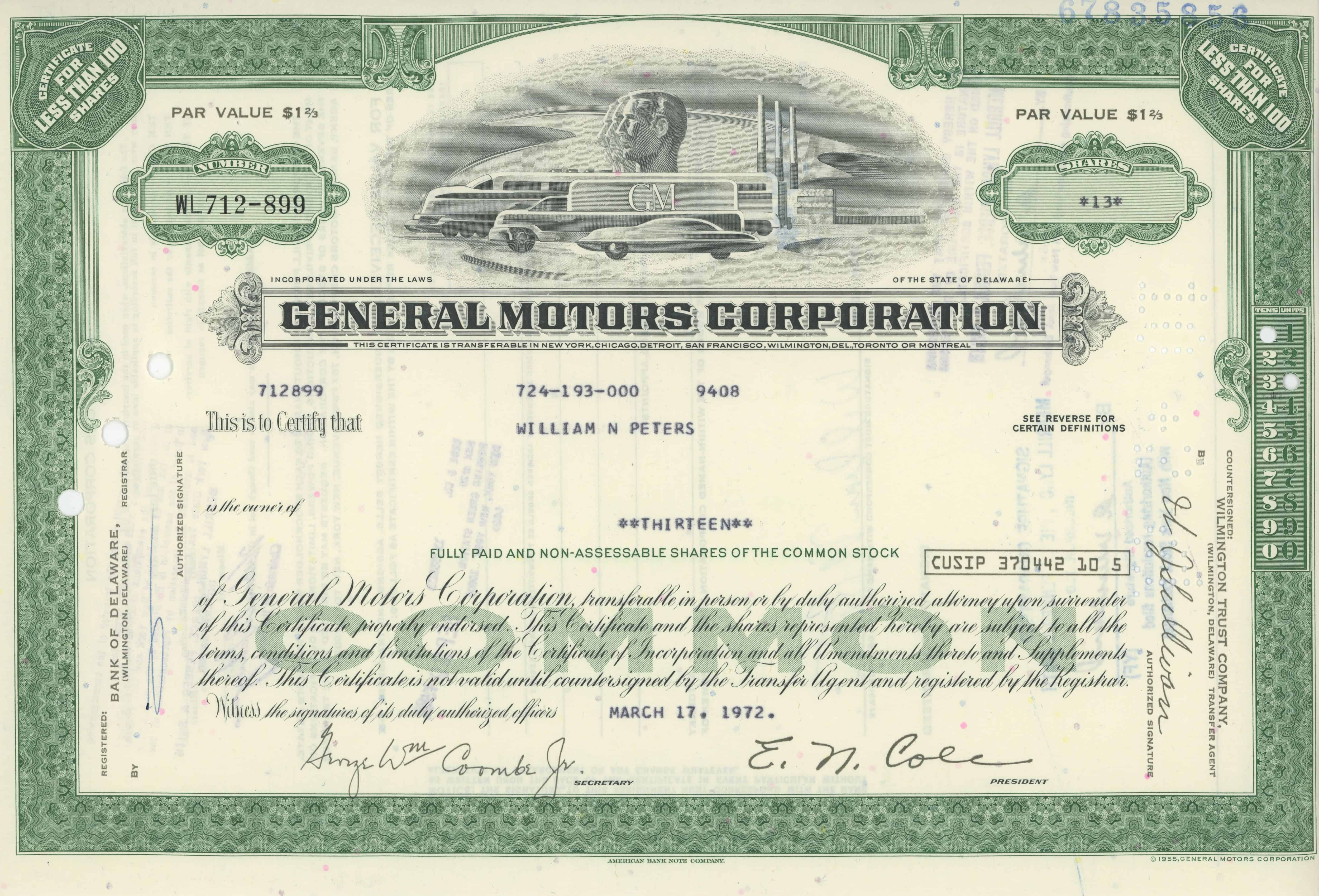 13 akcji General Motors Corporation z 17 marca 1972 roku