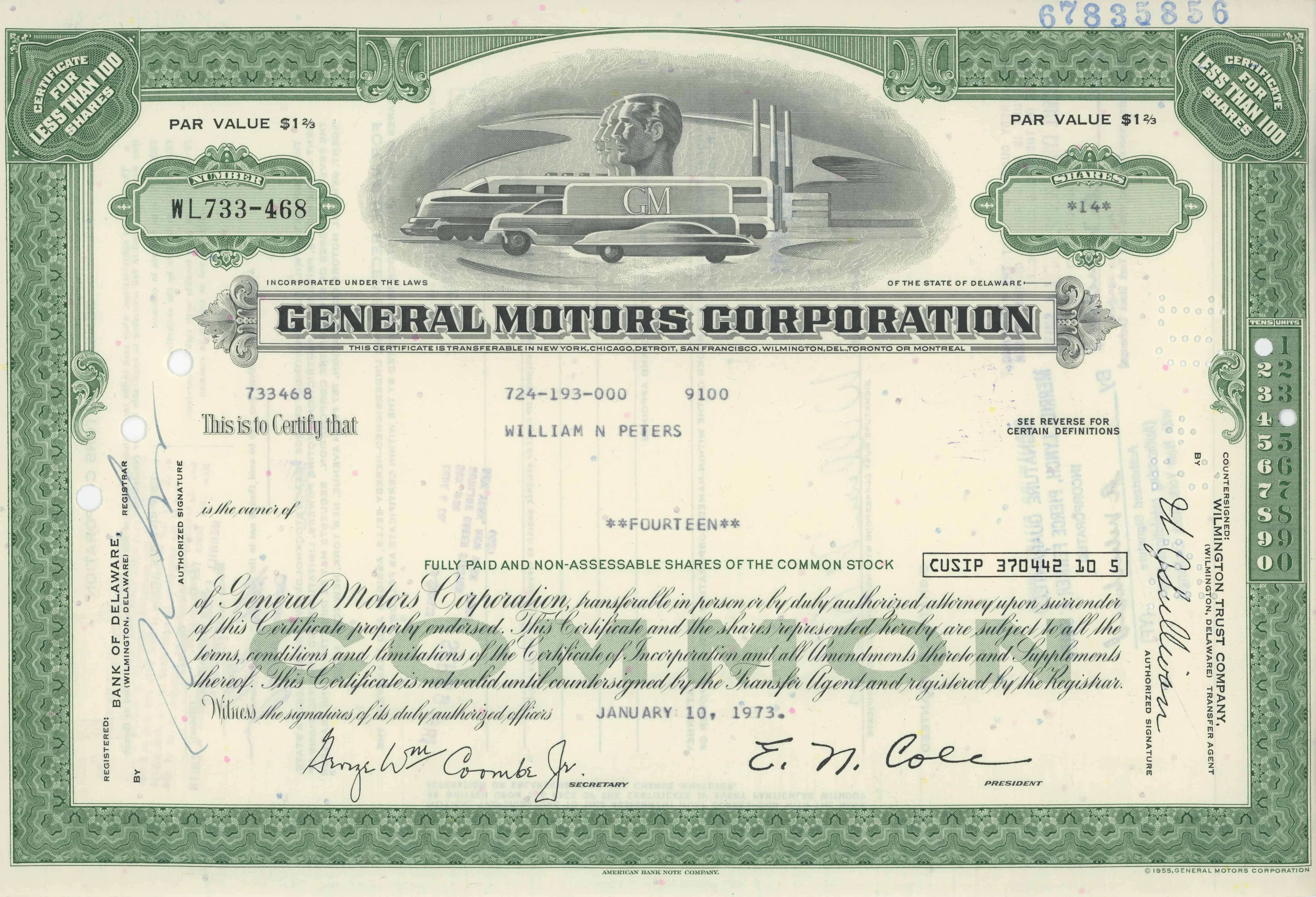 14 akcji General Motors Corporation z 10 stycznia 1973 roku