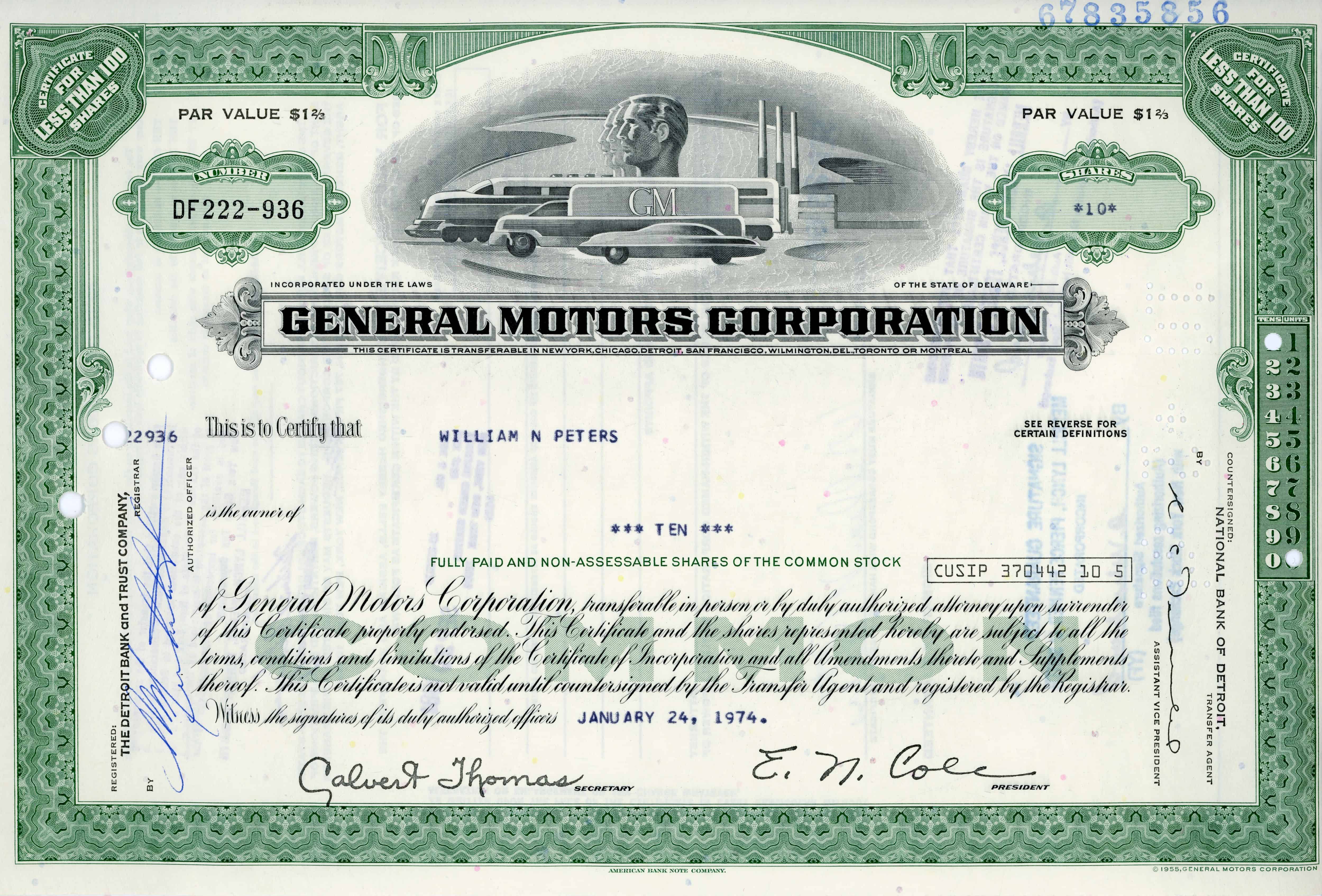 10 akcji General Motors Corporation z 24 stycznia 1974 roku