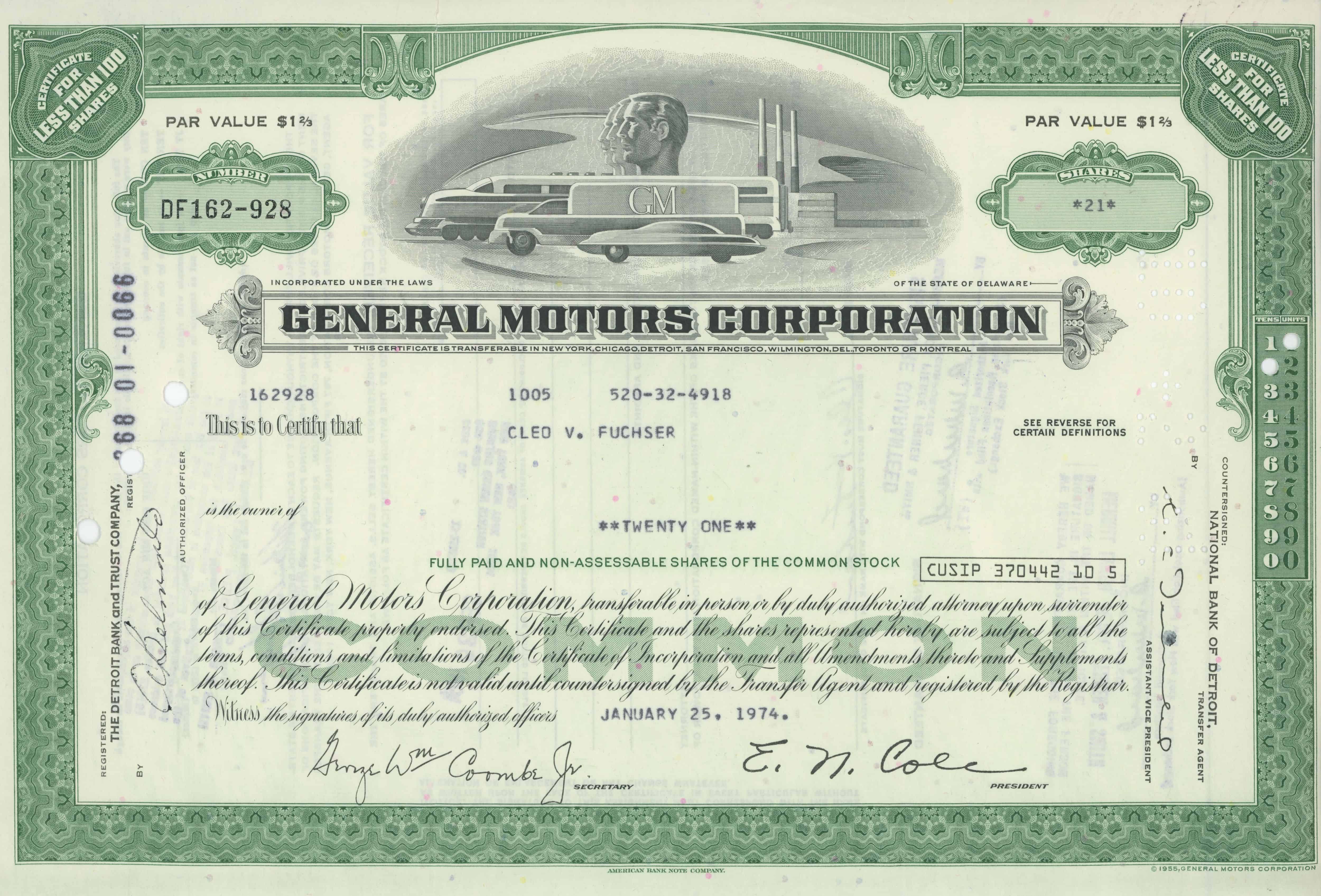 21 akcji General Motors Corporation z 25 stycznia 1974 roku