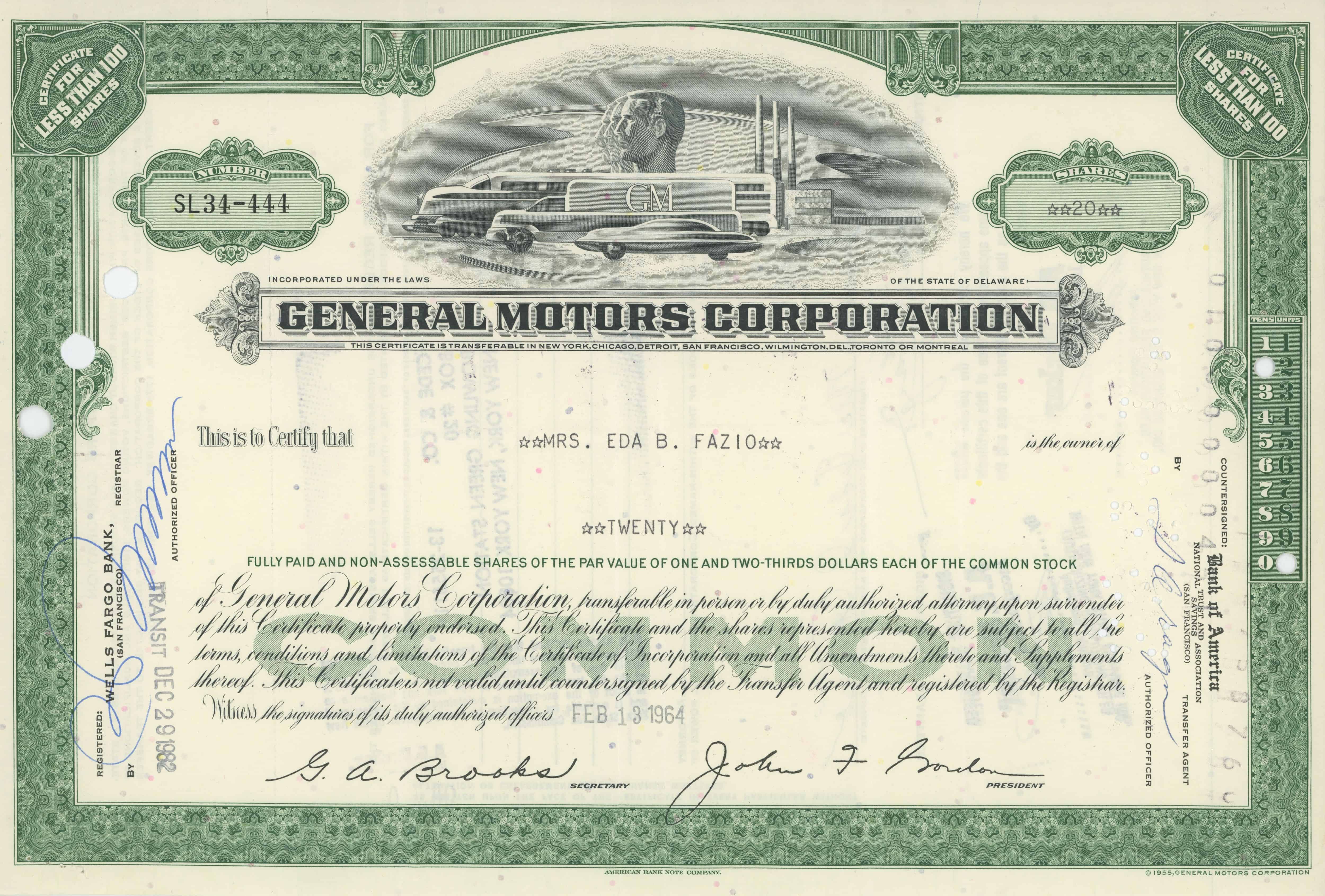 20 akcji General Motors Corporation z 13 lutego 1964 roku
