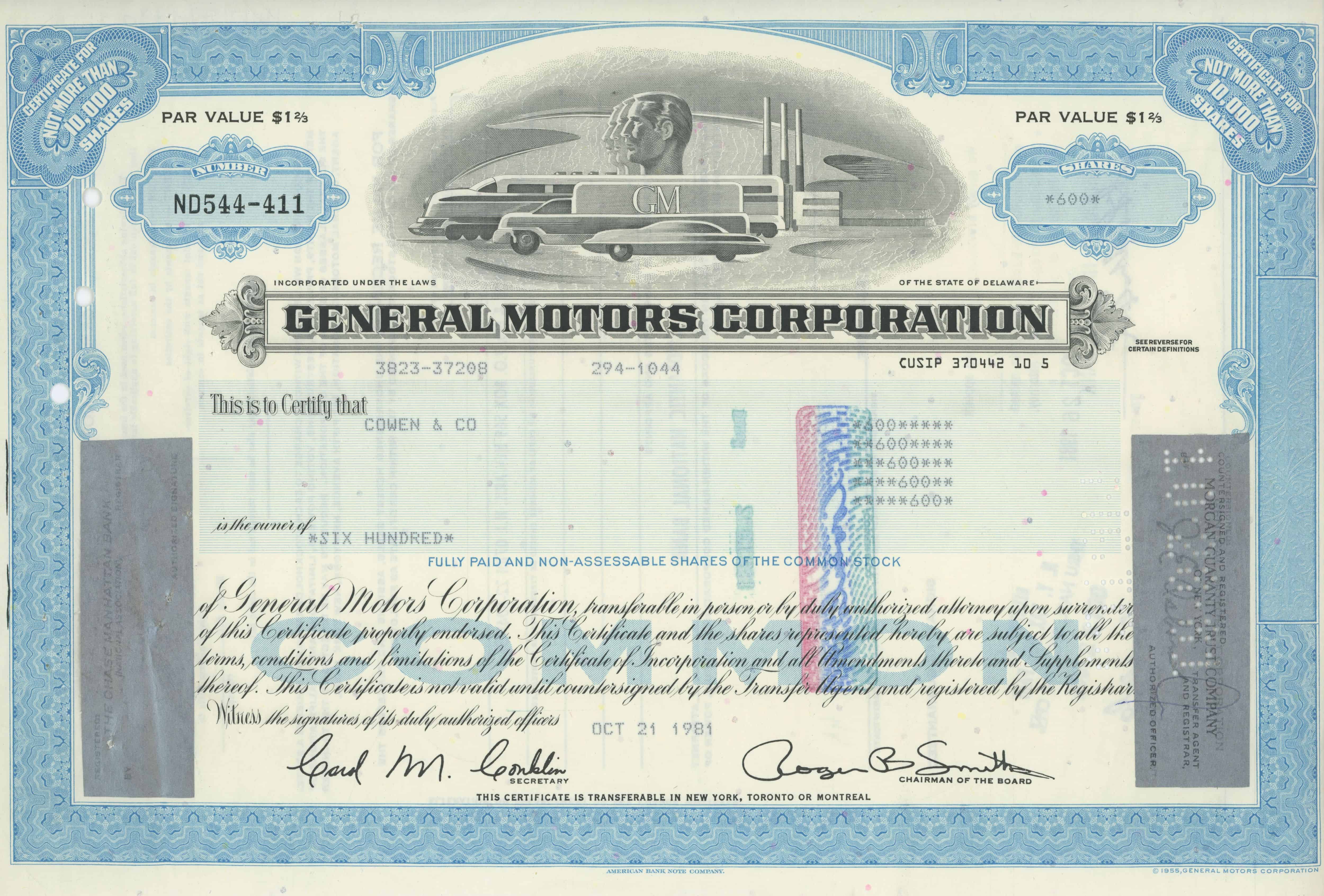 600 akcji General Motors Corporation z 21 października 1981 roku