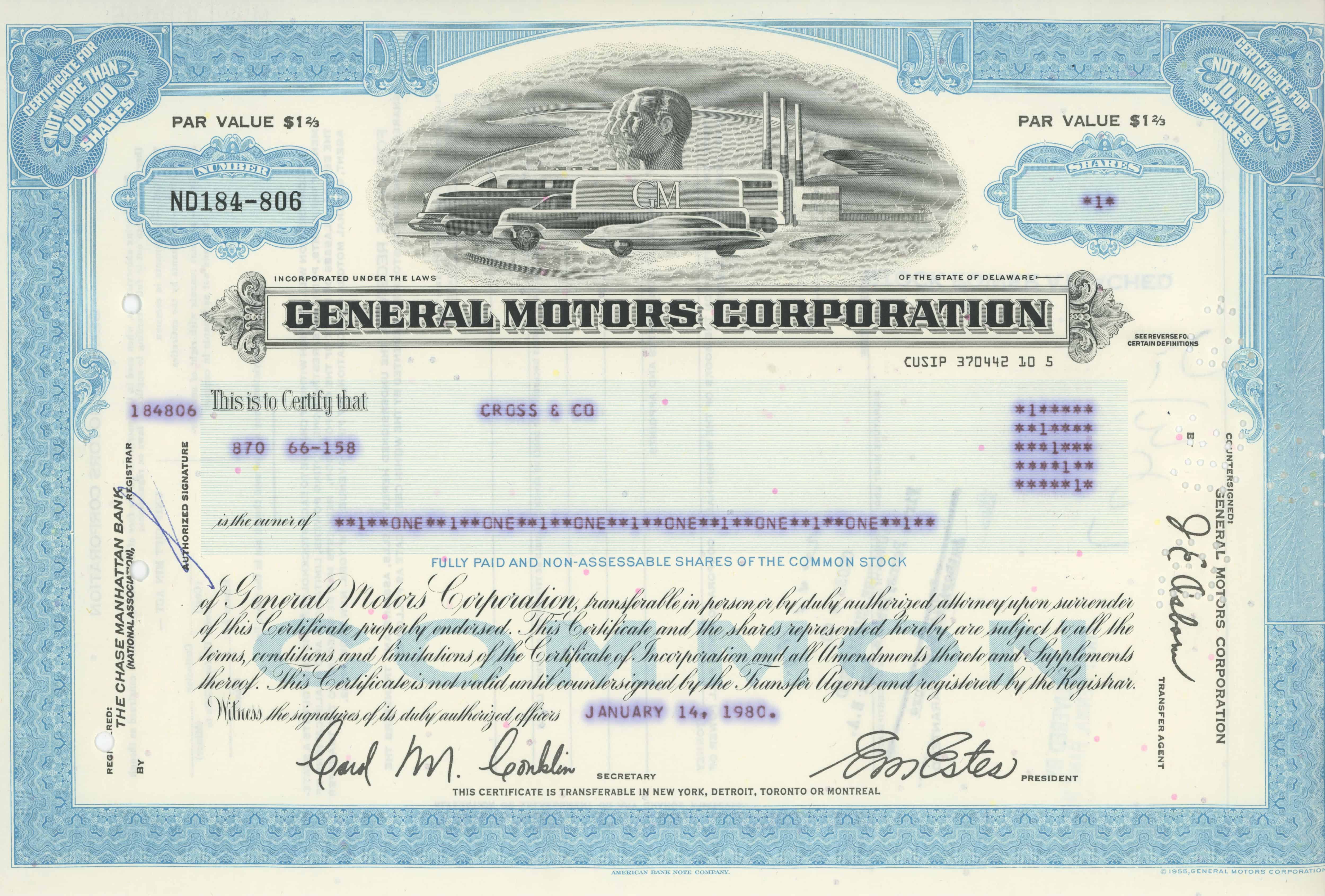 1 akcja General Motors Corporation z 14 stycznia 1980 roku