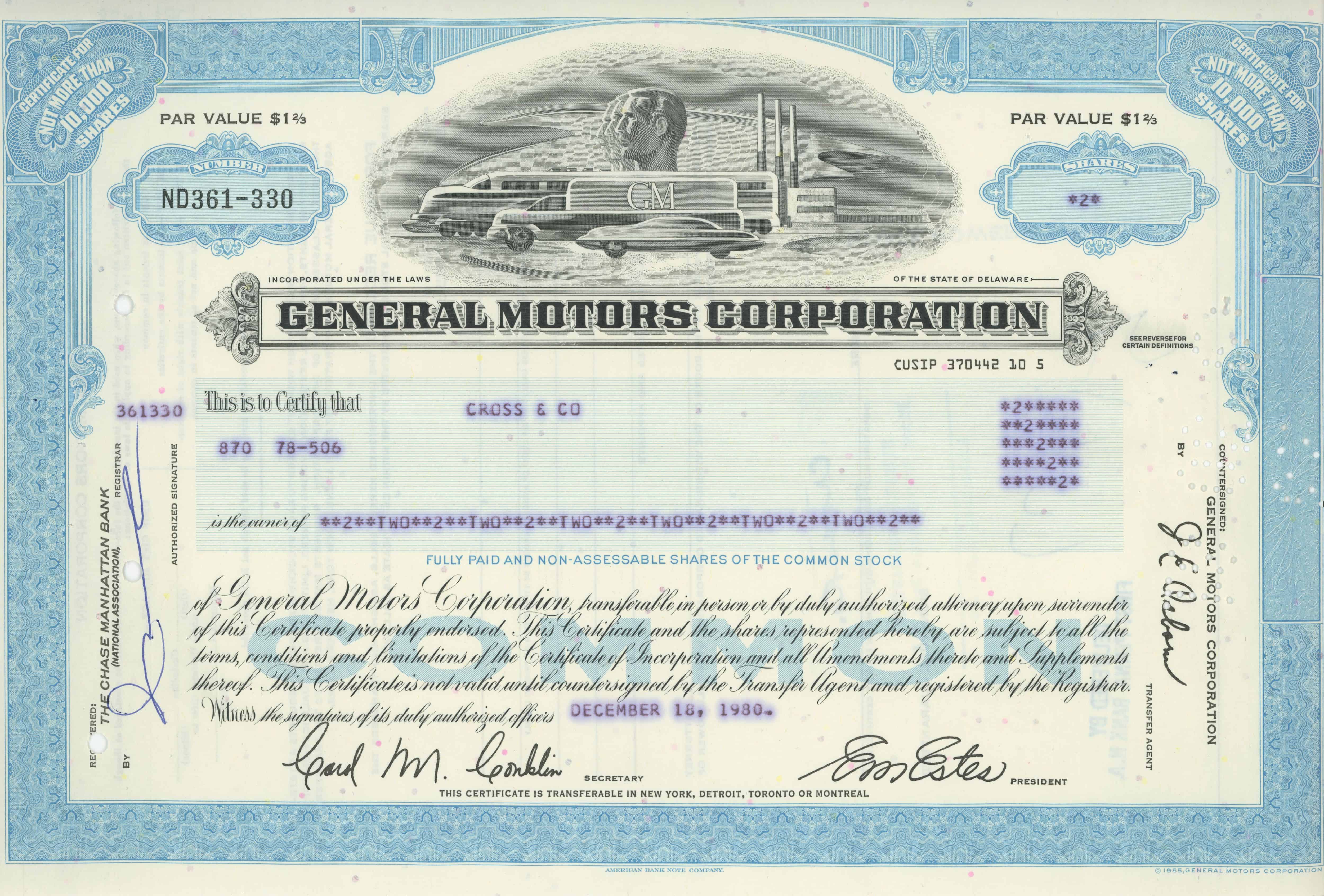 2 akcje General Motors Corporation z 18 grudnia 1980 roku