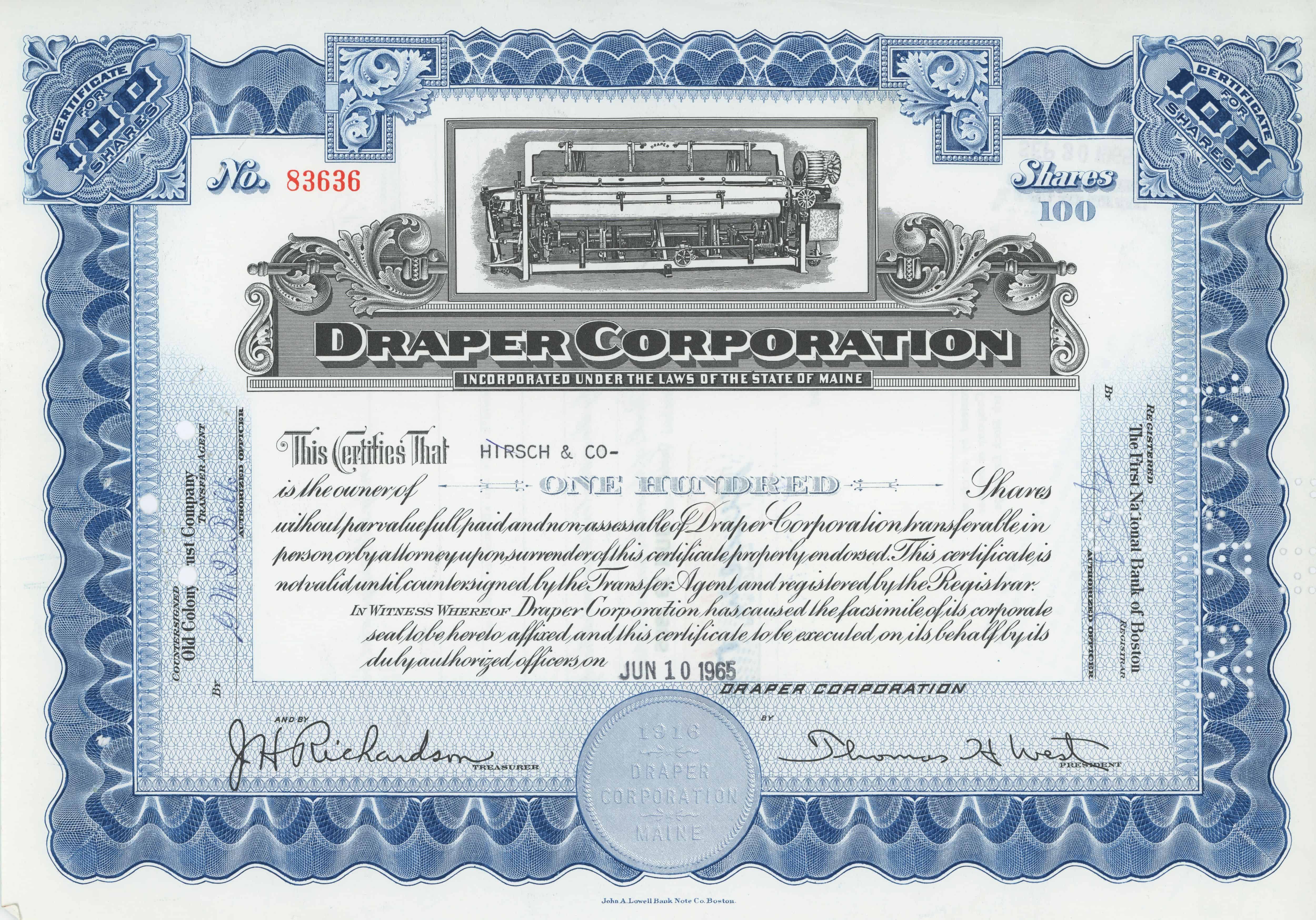 100 akcji Draper Corporation z 10 czerwca 1965 roku