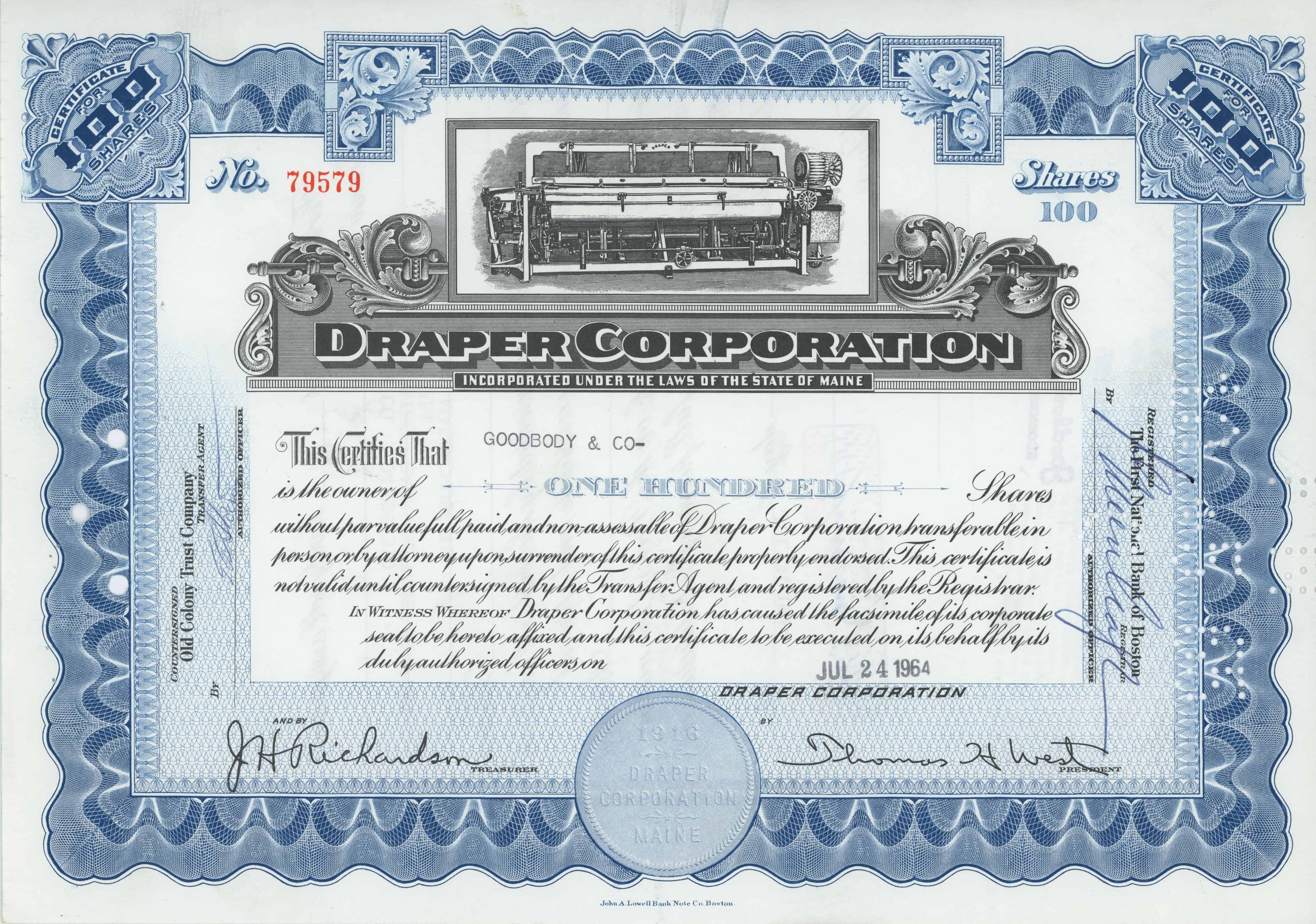 100 akcji Draper Corporation z 24 lipca 1964 roku