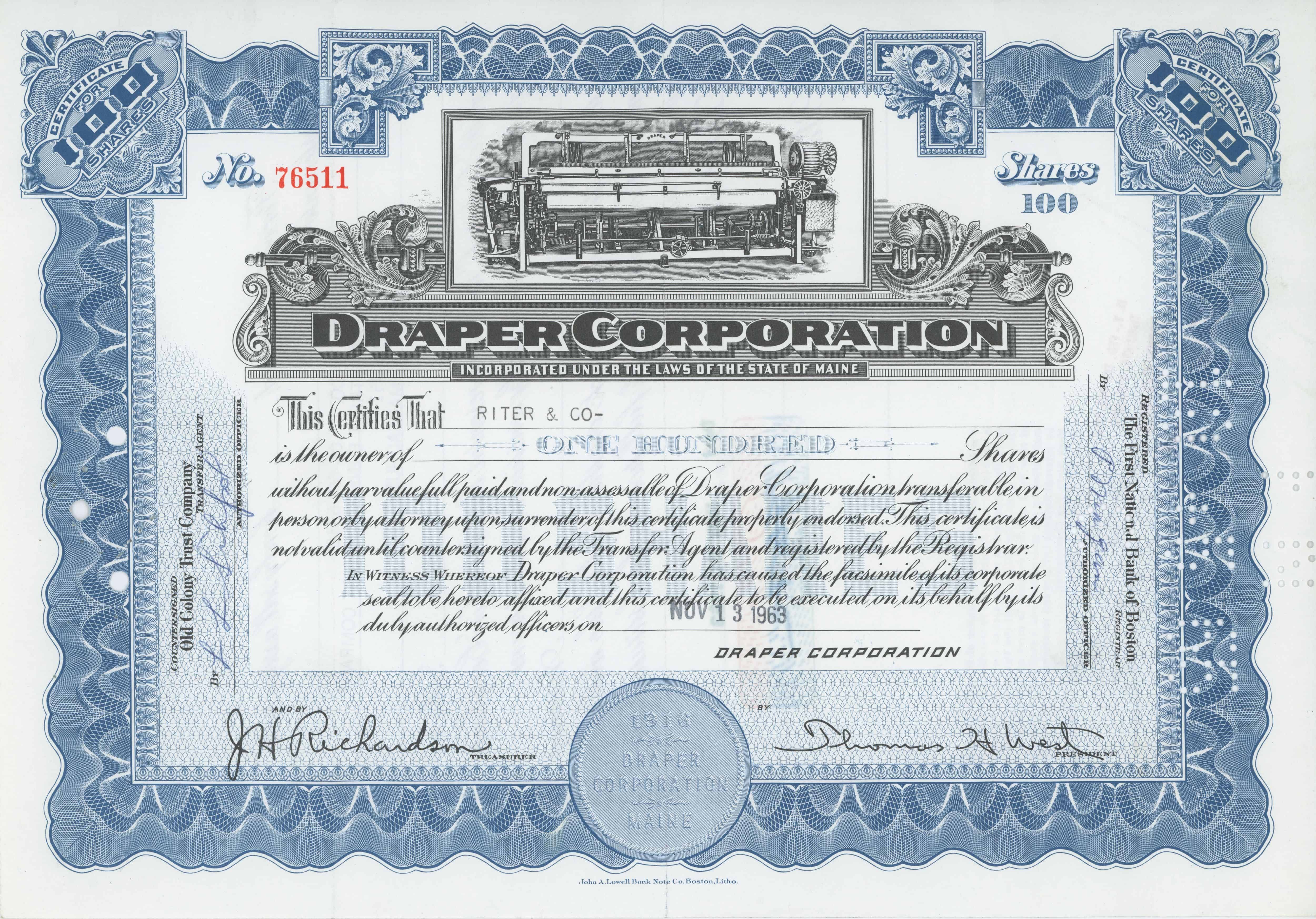 100 akcji Draper Corporation z 13 listopada 1963 roku