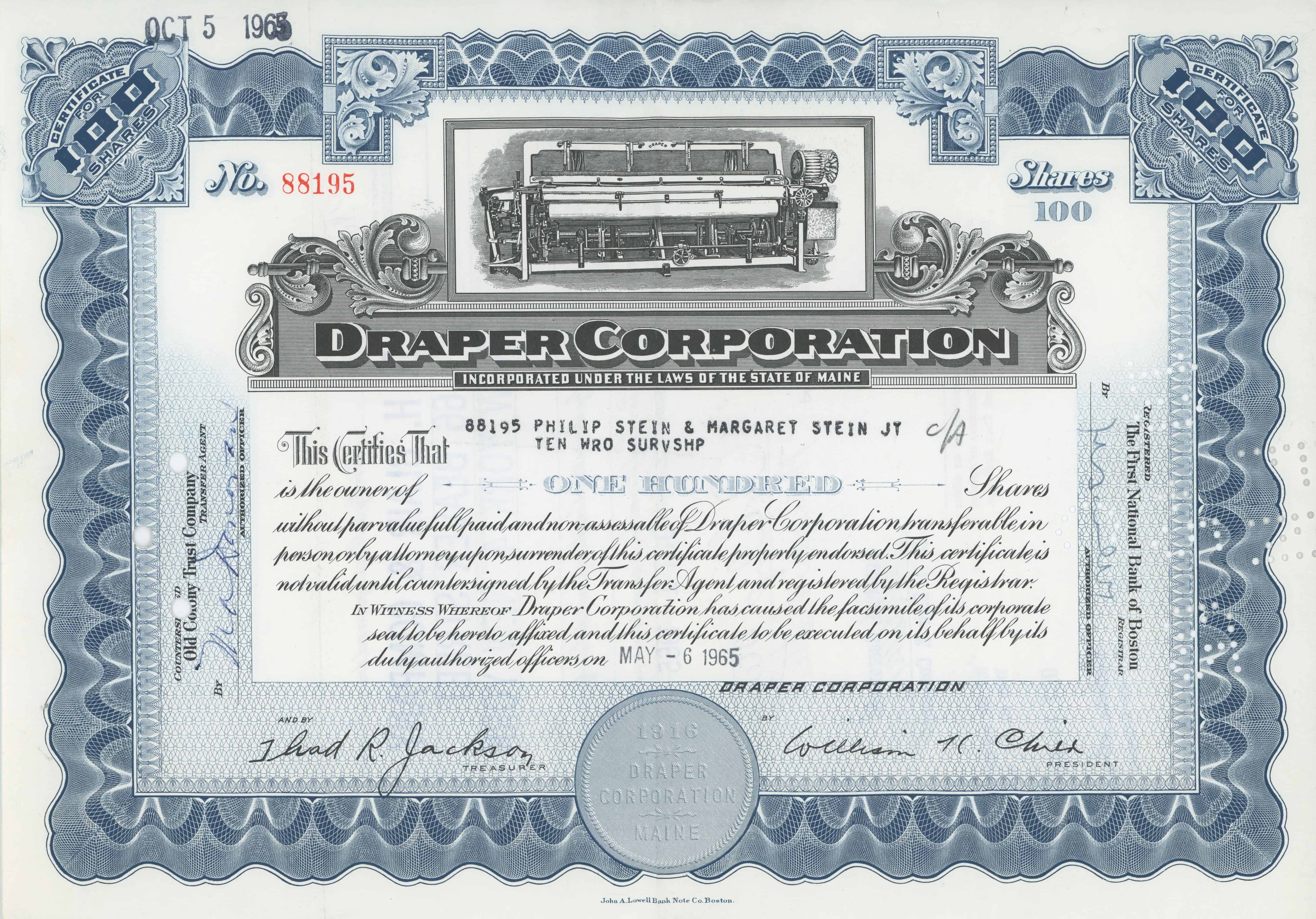 100 akcji Draper Corporation z 6 maja 1965 roku