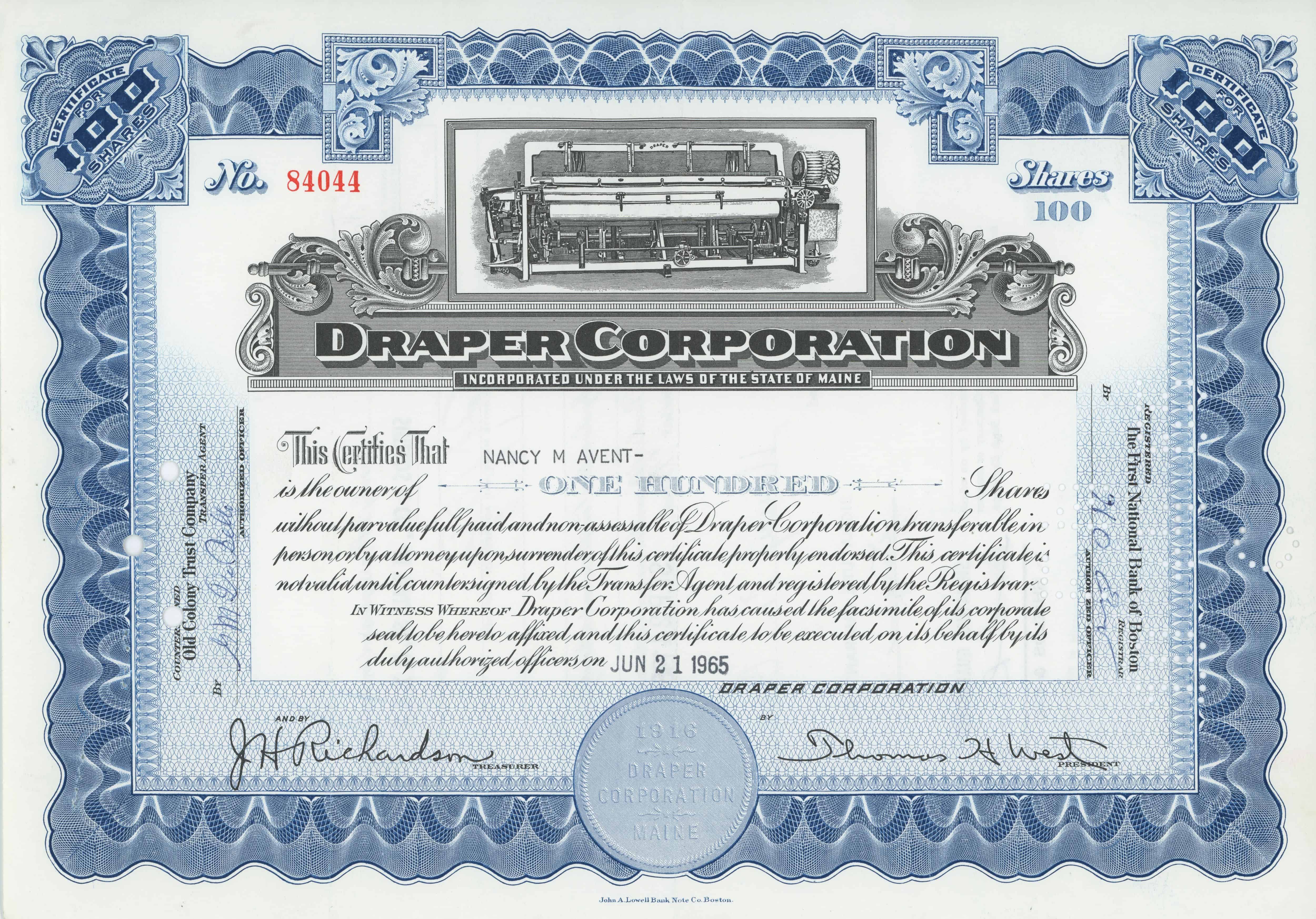 100 akcji Draper Corporation z 21 czerwca 1965 roku