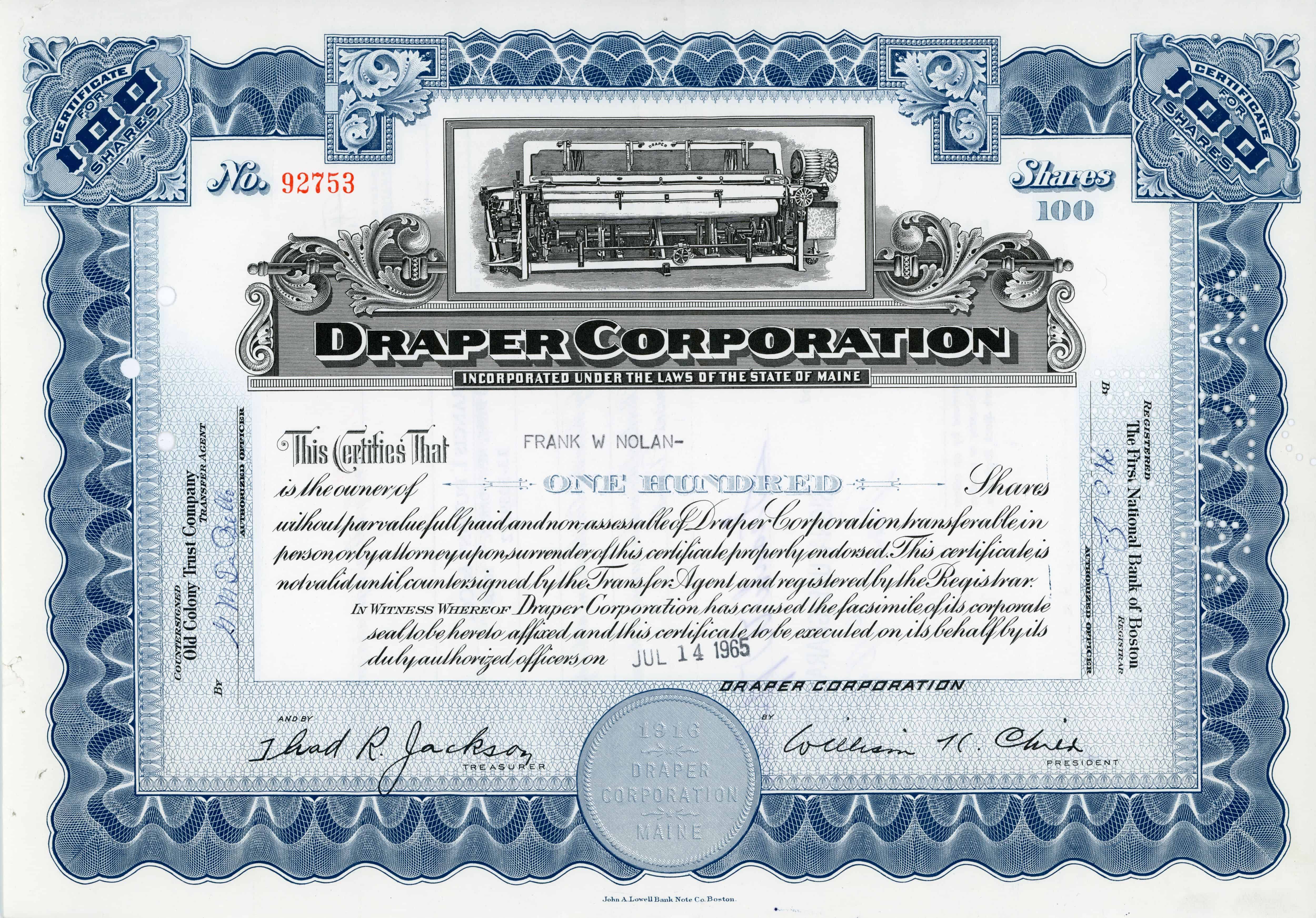 100 akcji Draper Corporation z 14 lipca 1965 roku