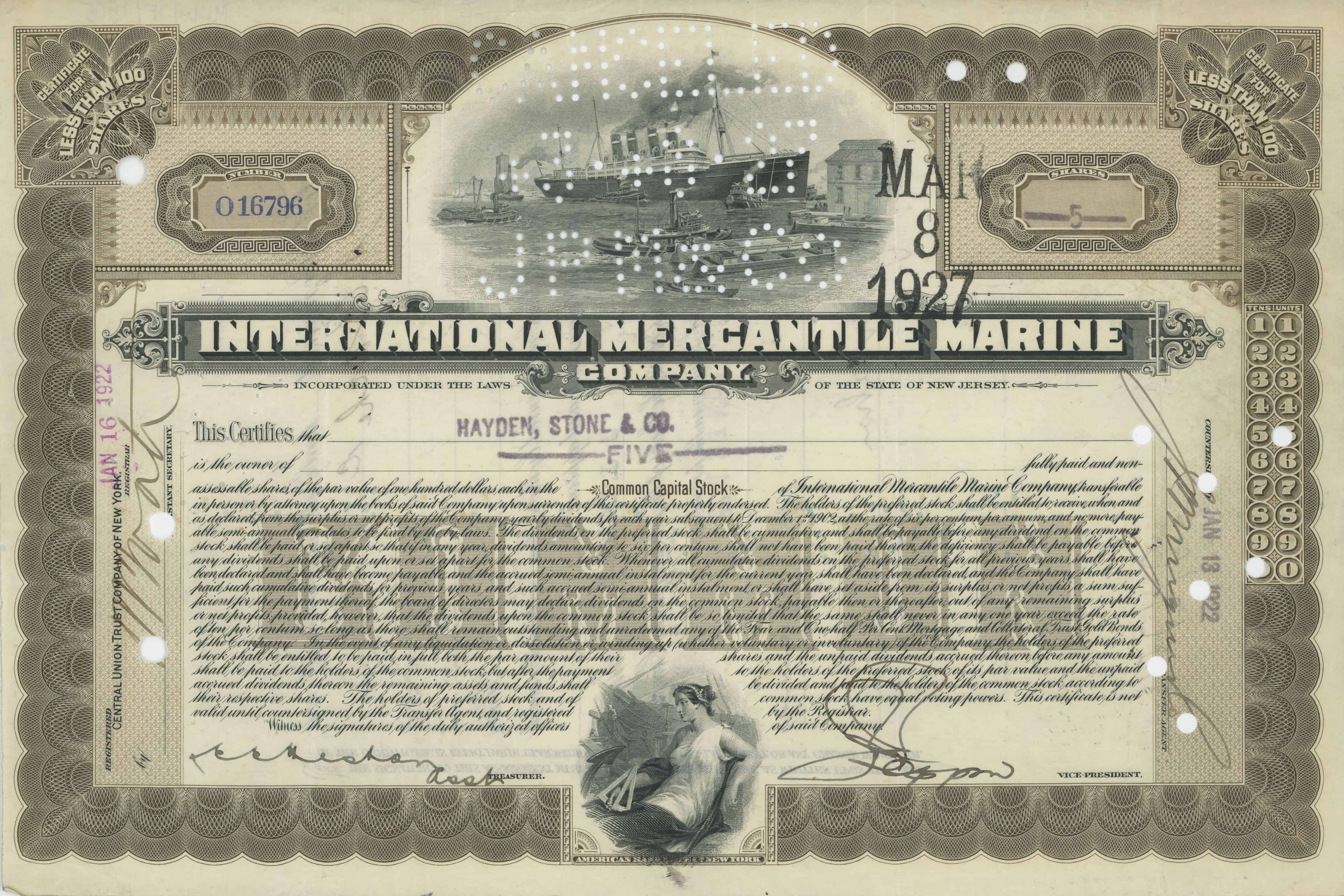 5 akcji International Mercantile Marine Company z 13 stycznia 1922 roku.