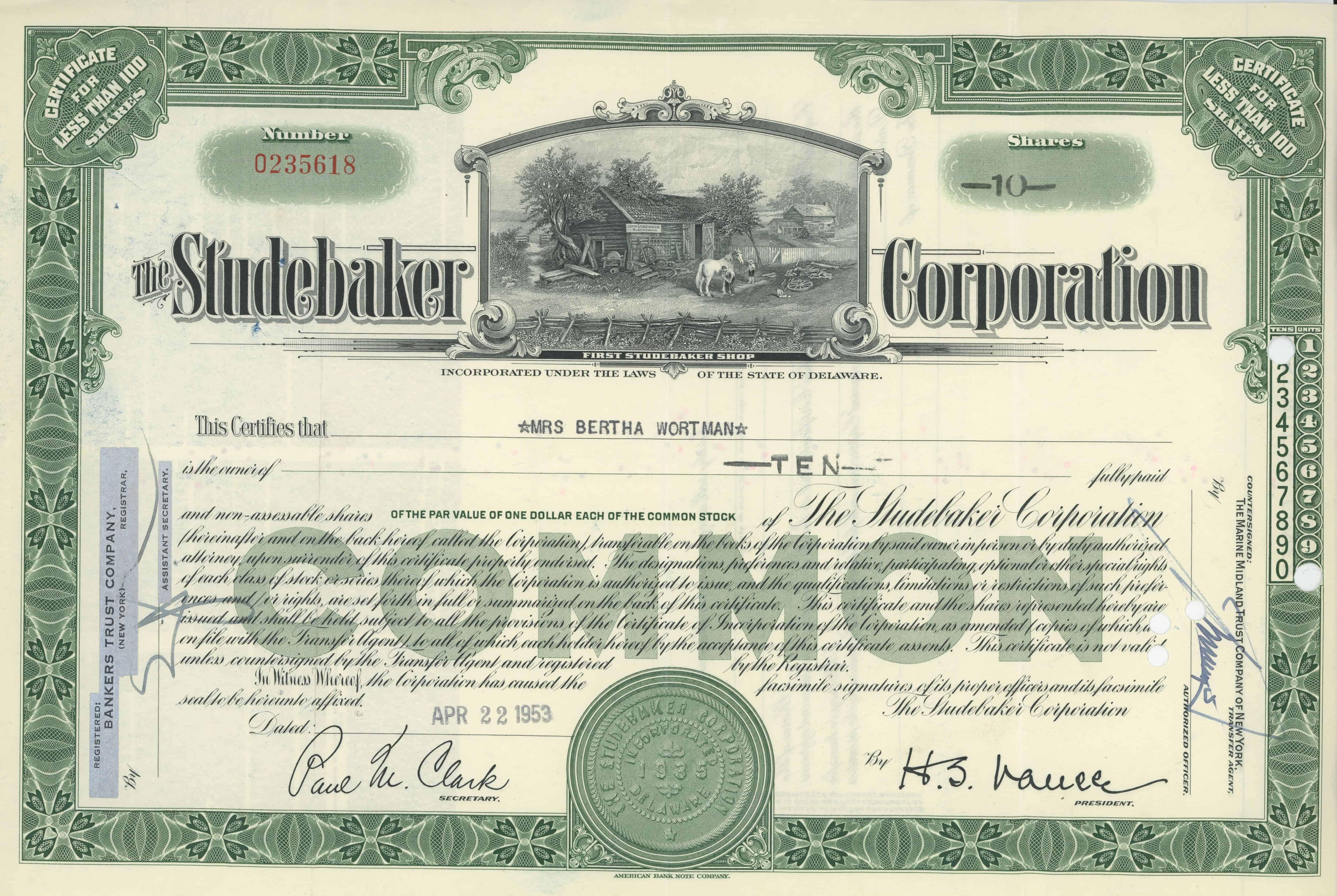 10 akcji The Studebaker Coropration z 22 kwietnia 1953 roku