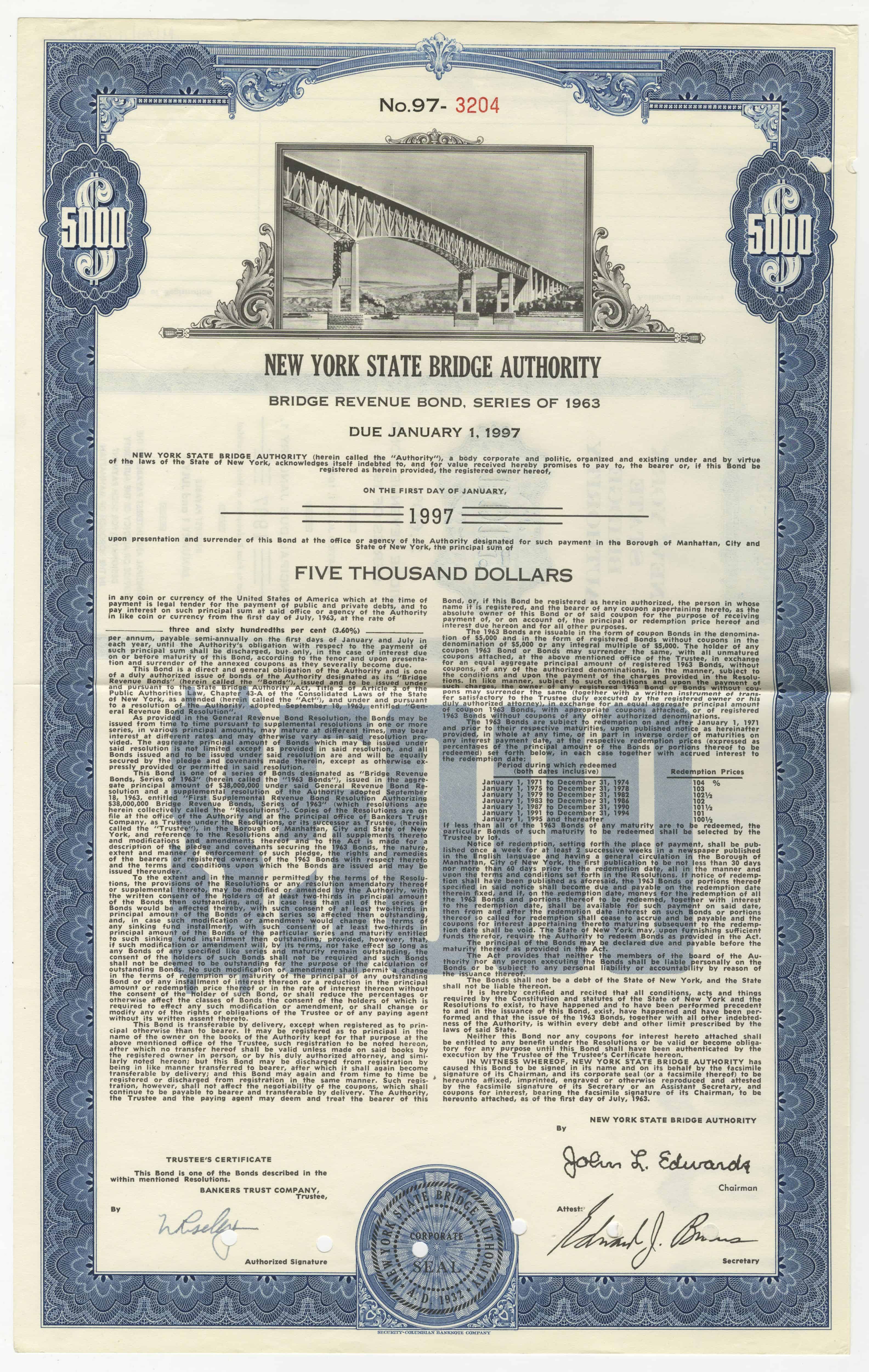 Obligacje New York State Bridge Authority z 1 stycznia 1963 roku